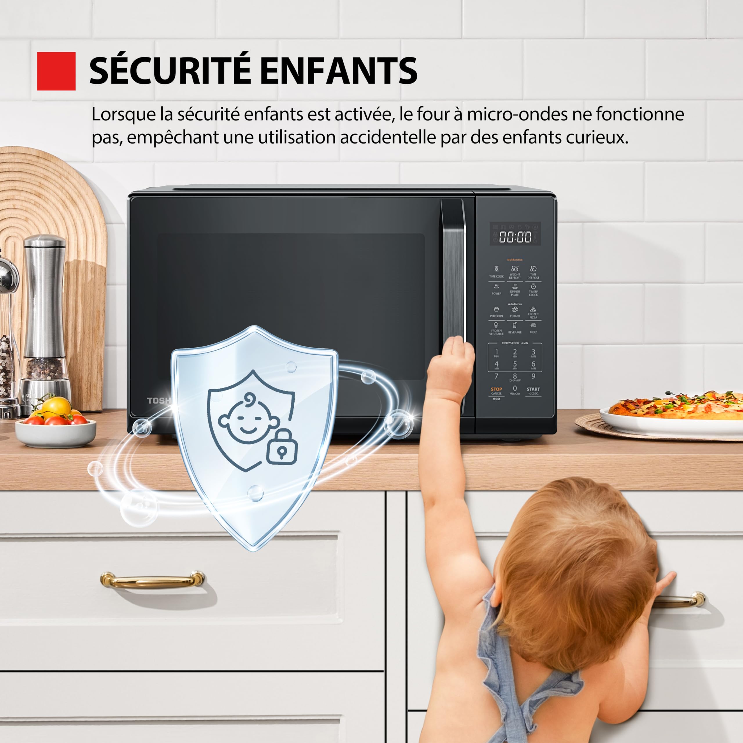 Toshiba Micro-ondes MW3-EM23PE(BK), 23L, Micro-ondes sur Pied, Chauffage Rapide 900W,11 Niveaux de Puissance, avec 7 Menus Automatiques, Noir