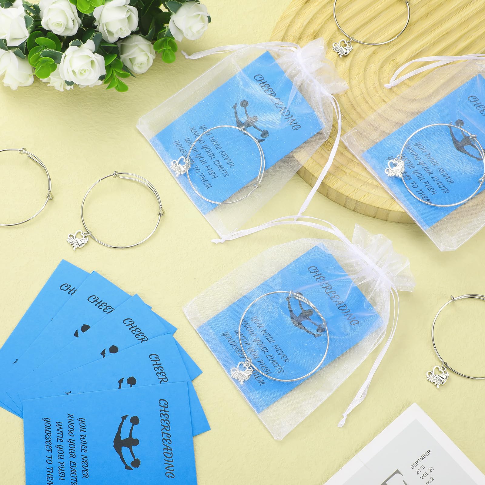 Remuuly 20 Pcs Cheerleader Gifts Bracelets with Cheerleading Cards and Bags Adjustable Charm Bangle Bracelets Bulk Cheer Jewelry for Team Accessories(Dark Blue)
