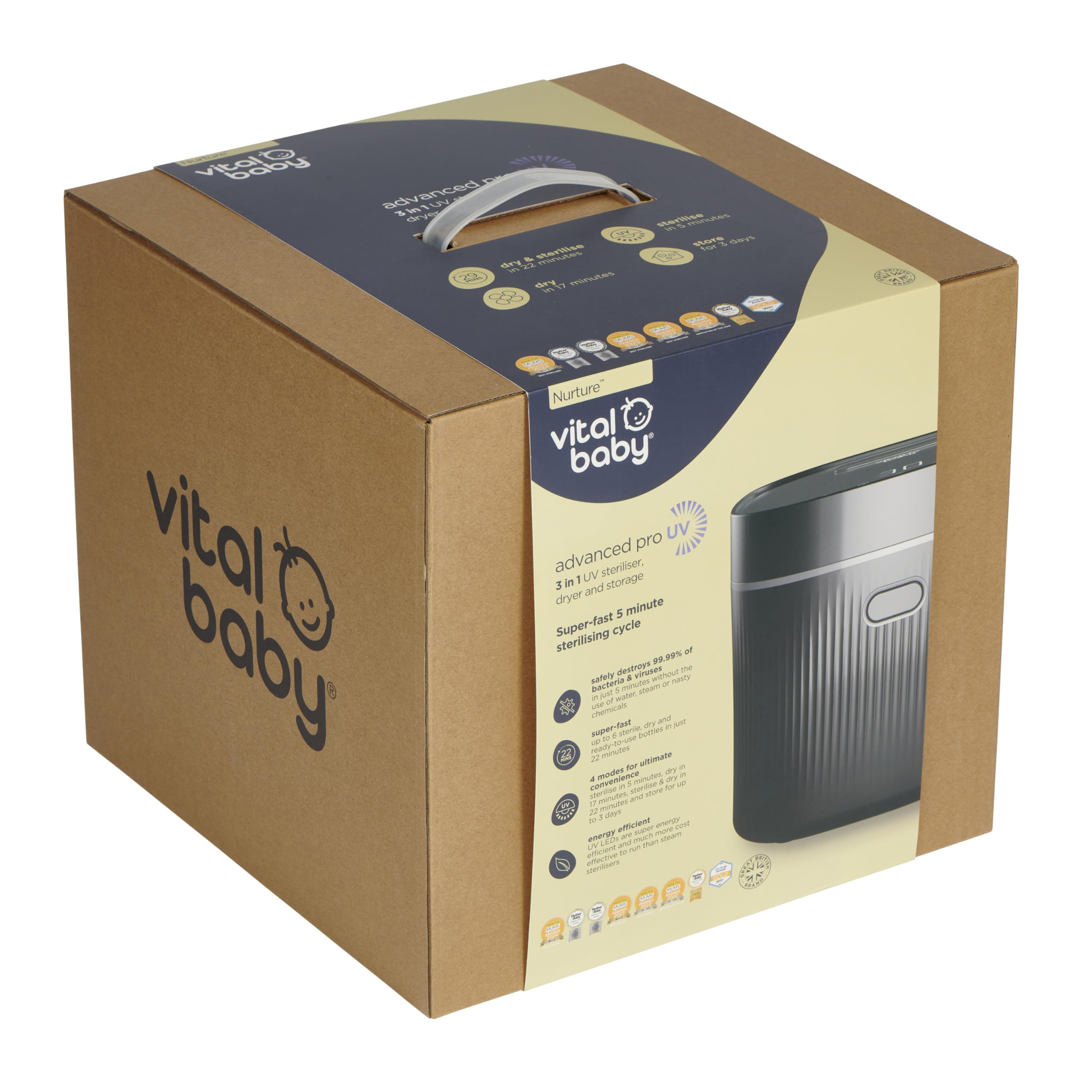 Vital Baby Esterilizador UV para biberones y accesorios, mata el 99,99% de los gérmenes en 5 minutos, esteriliza, seca y almacena, sin agua, vapor ni productos químicos, negro ónix
