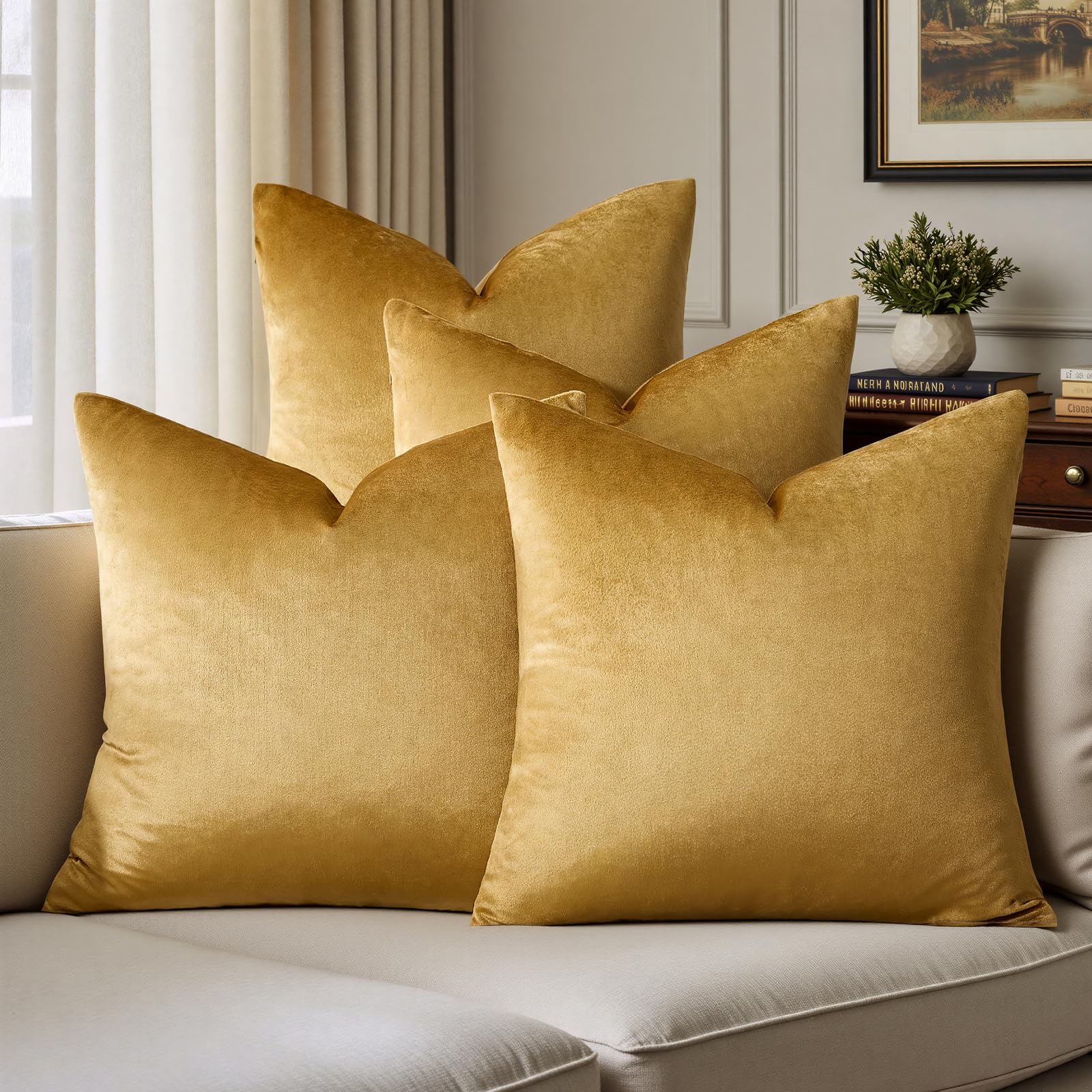GIGIZAZA Decorative Pillow Covers 20x20: Pack of 4 Soft Throw Pillows Square Golden Covers - Velvet Solid Luxury Couch Cushion Covers for Living Room,Bedroom,Sofa,Room Decor