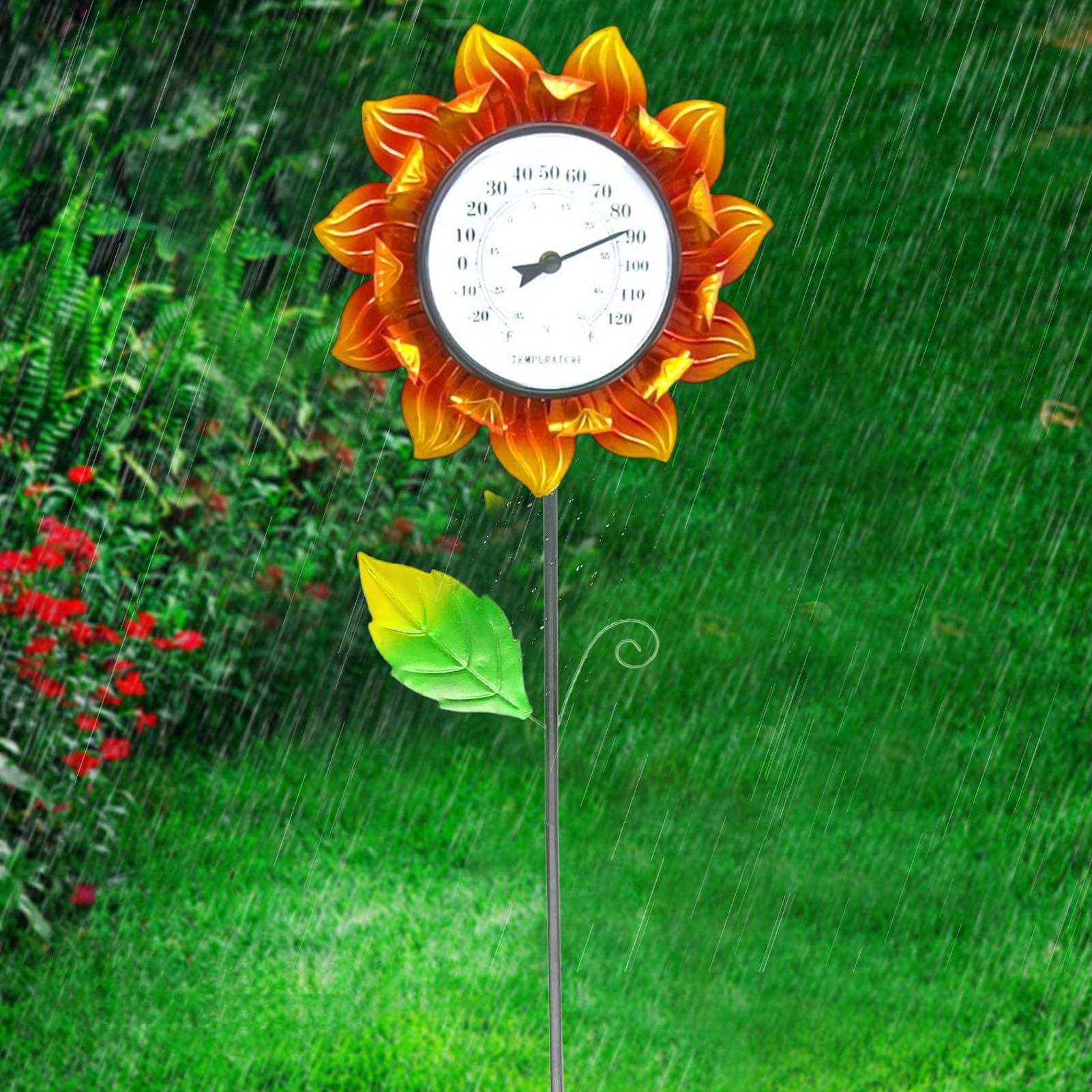 Termometro da esterno con in metallo – Termometro da giardino girasole in | ferro da 40,2 pollici | Display di temperatura per interni esterni per patio cortile prato decorazione balcone aiuola