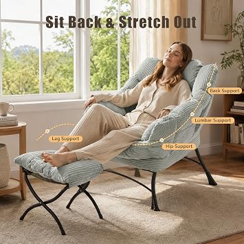 Lazy Chair with Ottoman, Modern Skinny Lounge Chair with Footrest