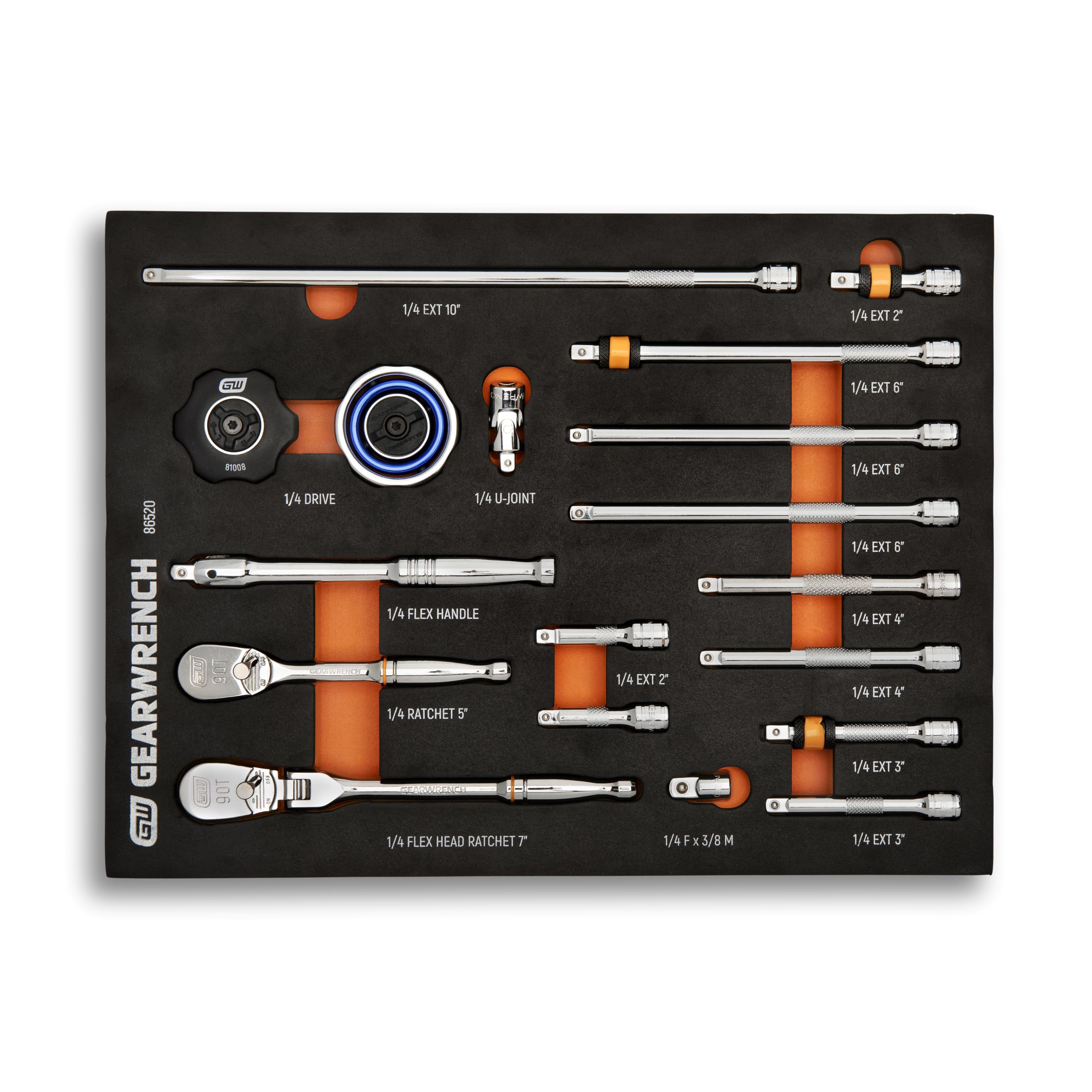 18 Pc 1/4" Dr 90T Ratchet & Drive Tool Set w/Foam Tray | 86520