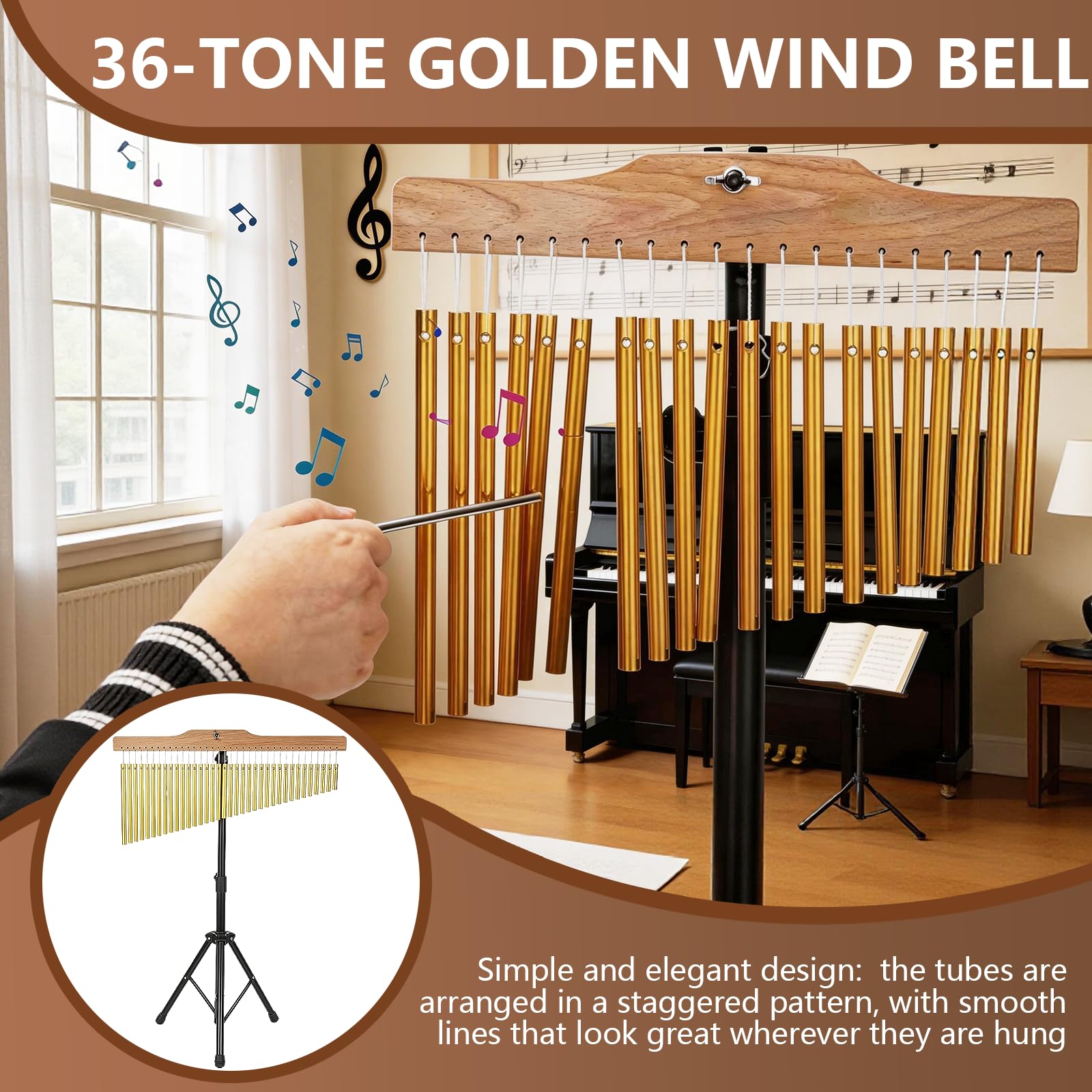 Bar Chimes 36 Toni, Carillon a Vento Percussioni con Supporto Regolabile 72-115cm Campanelli in Alluminio con Barra in Legno e Battente per Banda Scuola Studio e Meditazione