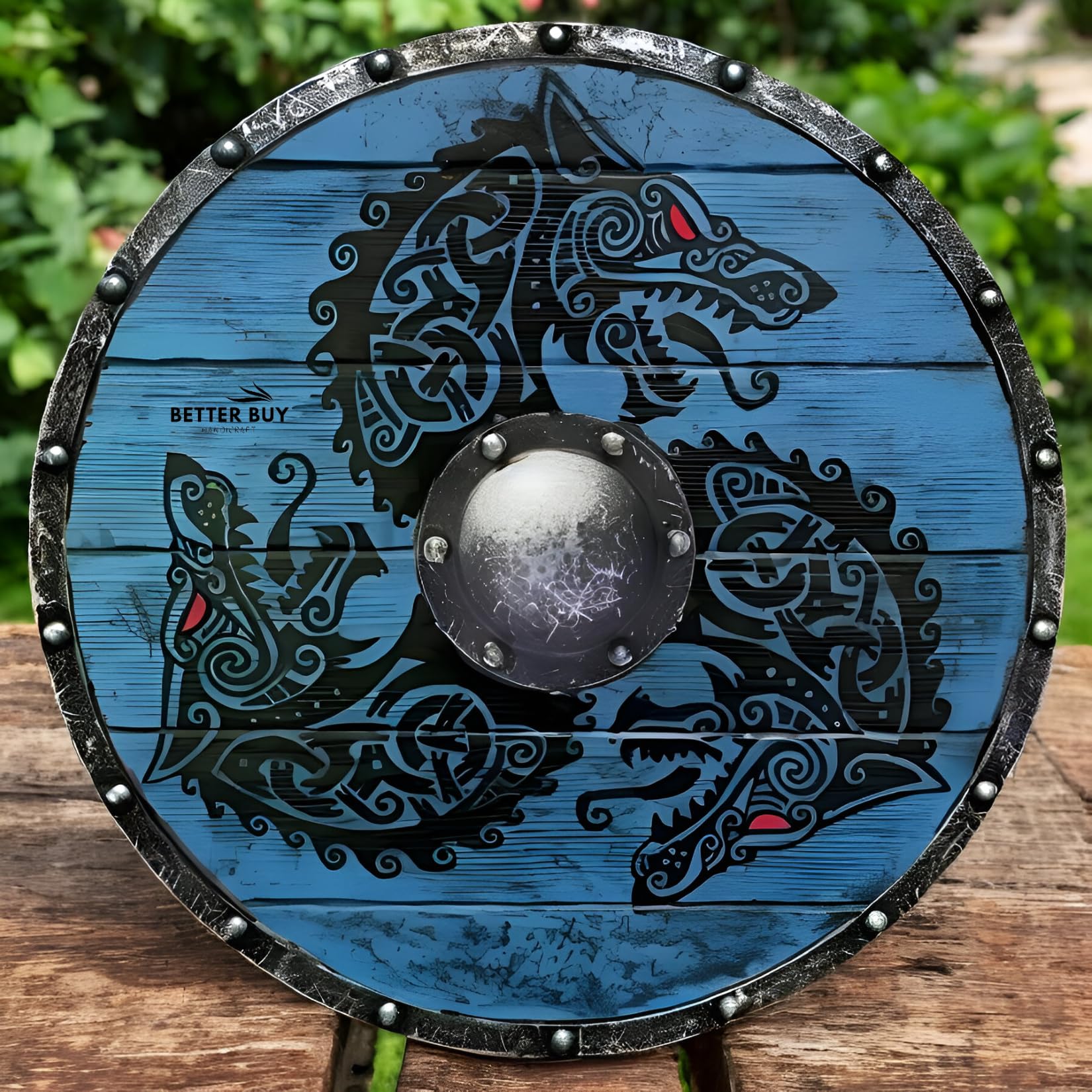 Ouroboros Battleworn drewniana żelazna tarcza wikingów z motywem smoka – idealna do odgrywania ról, cosplay, Halloween i dekoracji domu. 61 cm dla męża, taty lub chłopaka