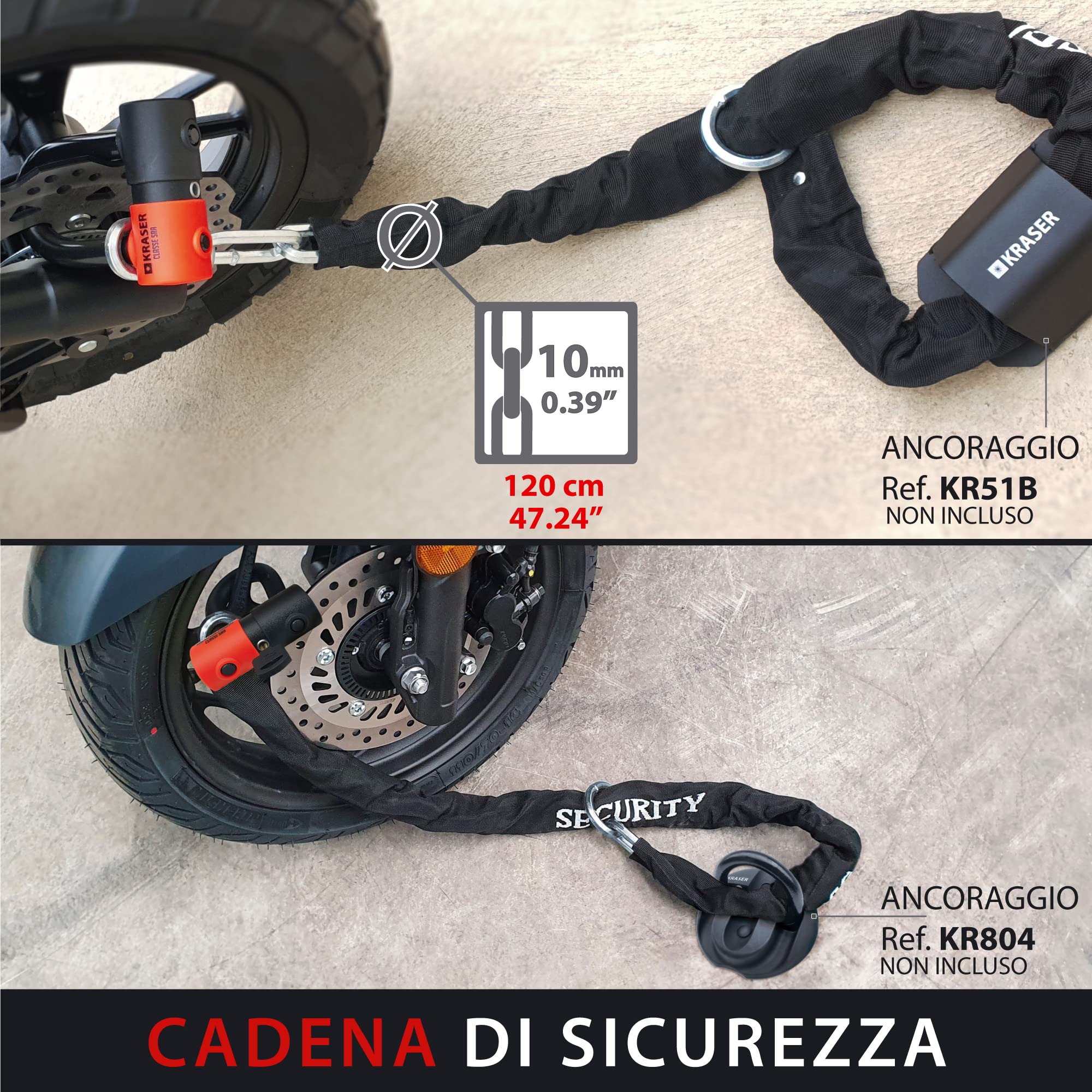 KRASER KR50+120L Catena Moto Antifurto Blocco Disco Omologato Sra Mini U Solid Bloccadisco Ø18 Set Incatenato 120 cm Ø10 Sistema ad Anello Multifunzione Motociclo Bicicletta Elettrica