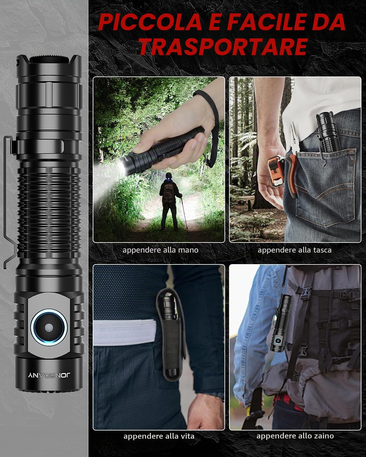 Torcia LED Ricaricabile, 1200 Lumen Torcia LED Potente Professionale, Torcia Tattica 6 Modalità, Torcia Tascabile per il campeggio escursionismo pesca ciclismo