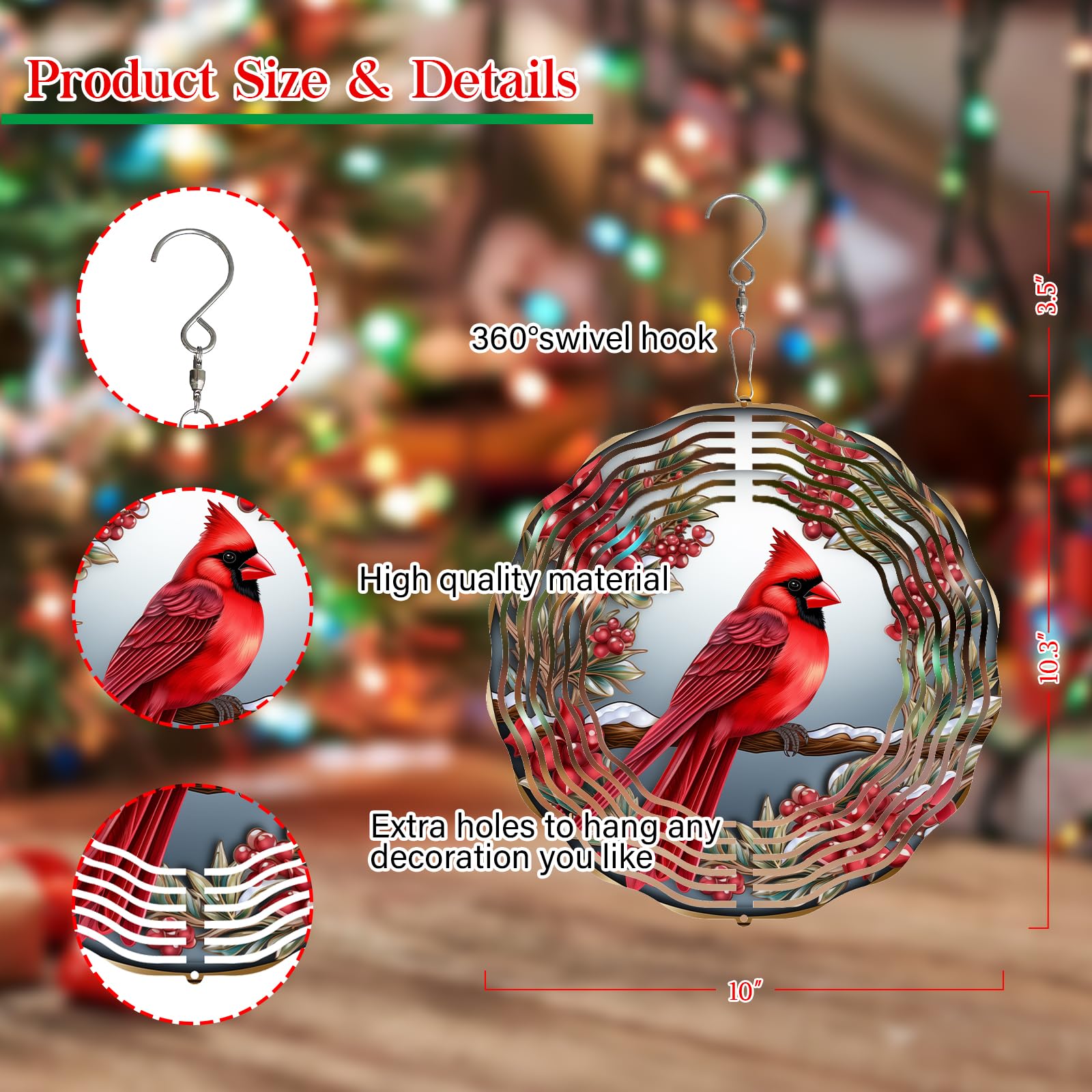 Cardinal Wind Spinner,3D Bird Spinners with Holly for Yard and Garden 3D Steel Wind Spinners Outdoor Wind Spinner 10 inch 3D Xmas Wind Sculptures