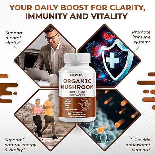 Miniatura 5 de Fórmula orgánica 10 en 1 de hongos, con melena de león, Cordyceps Reishi, Shiitake, Maitake, Chaga, sin OMG, sin gluten, sin soja (150 unidades