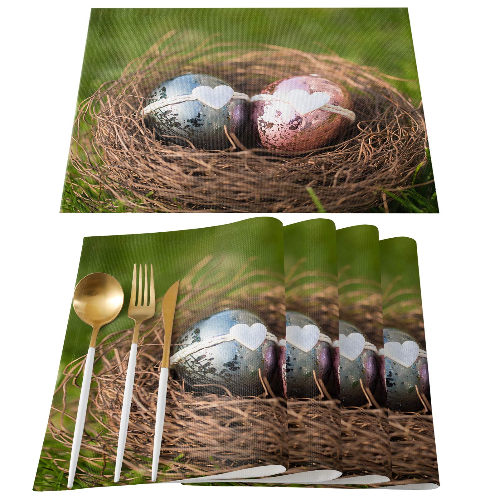 TweetyBed Easter Placemats Easter Egg Tablemats for Dinner Table, Nest Heart Table Mats for Easter Spring Holiday Set of 6 Cotton and Linen Washable