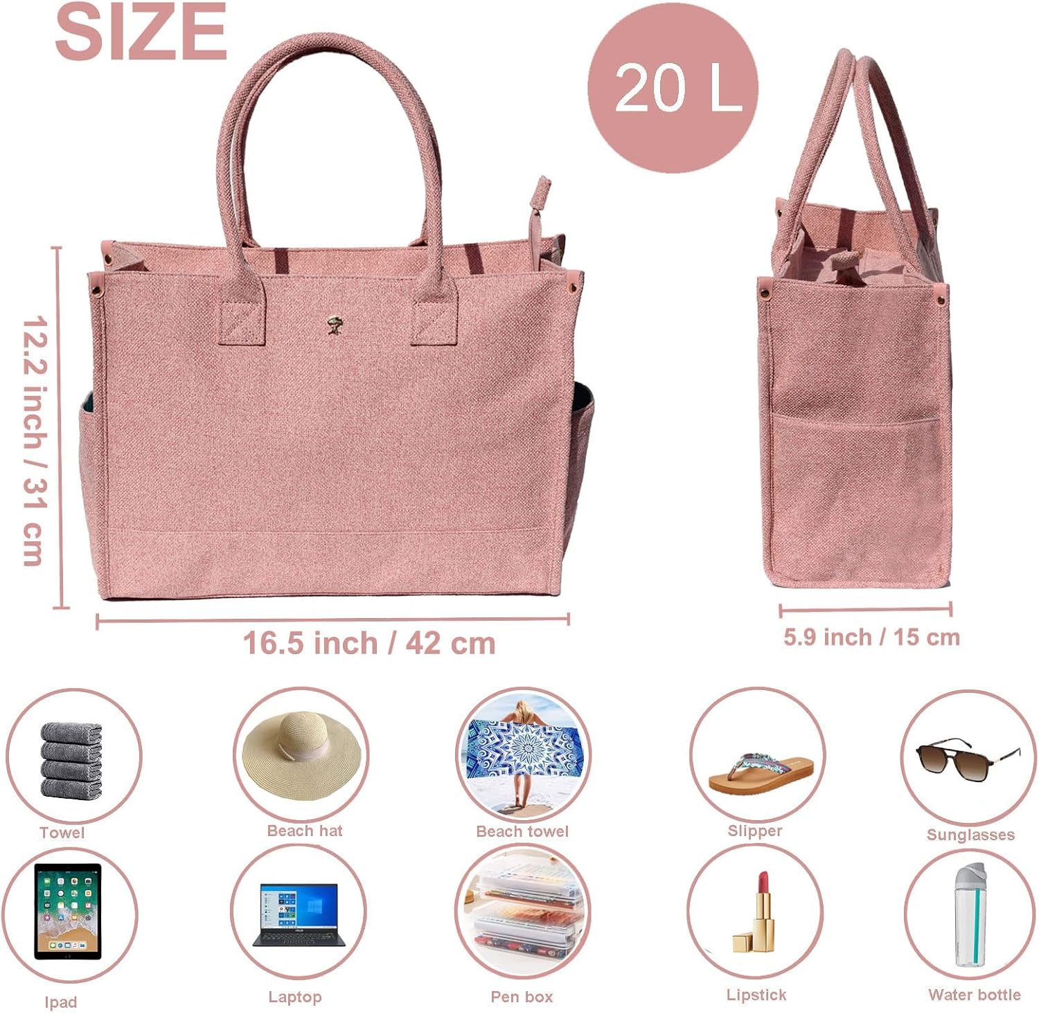 ESVAN Personalized Gifts Canvas Tote Linen Bags Handbags Top Zipper Closure Initial Retro Utility Tote