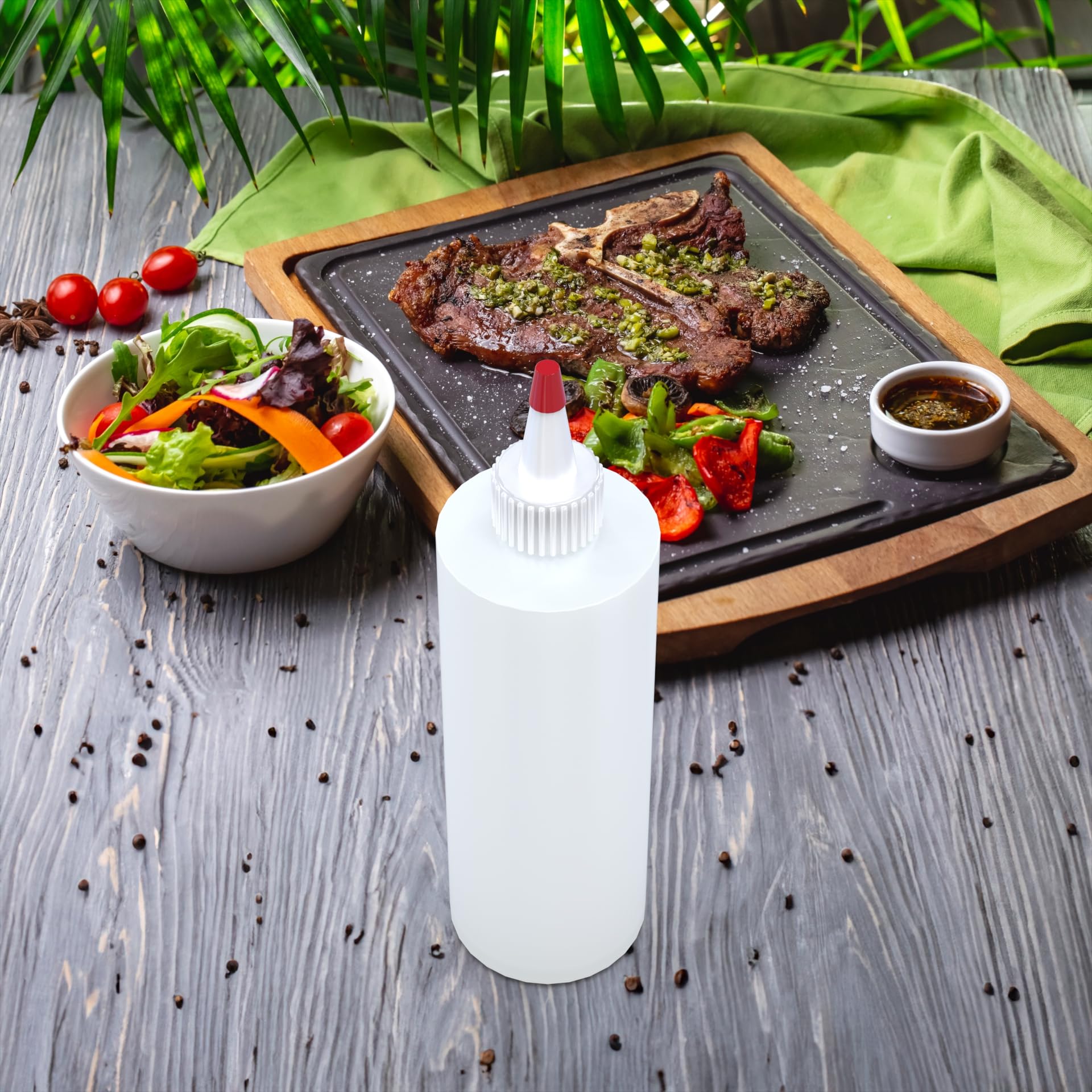 Botellas vacías de 16 onzas, paquete de 4 recipientes para chorro con parte superior roja, sin BPA para condimentos, jarabe, salsa de tomate, salsas, aderezos, aceite, miel, arte y manualidades, a prueba de fugas, cocina 4
