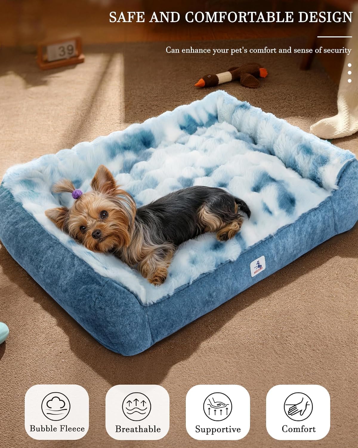 Dog Bed with Shredded Foam Filling, 35" *25" Calming Pet Sofa with Removable Washable Cover, Soft Faux Fur Bolster Couch for Dogs, Anti-Slip Bottom (Tie-Dyed Blue, Small)