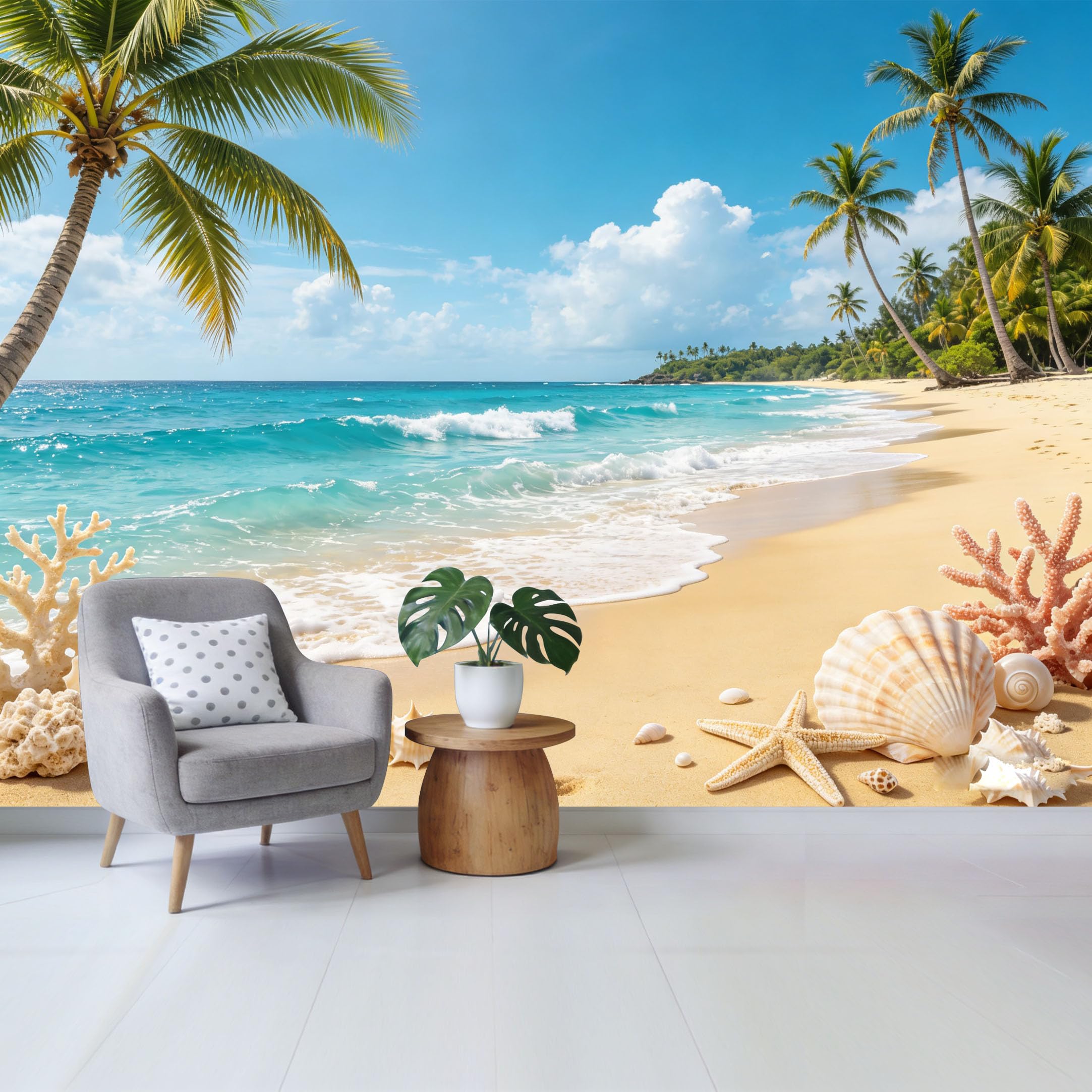 Qzlithotic Yq2605250547 Custom Size Wall Mural Tropical Beach Coastal Palm Tree Seashell Starfish Scenery Selfadhesive Wall Fabric Removable Wallpaper For Home Office Decor
