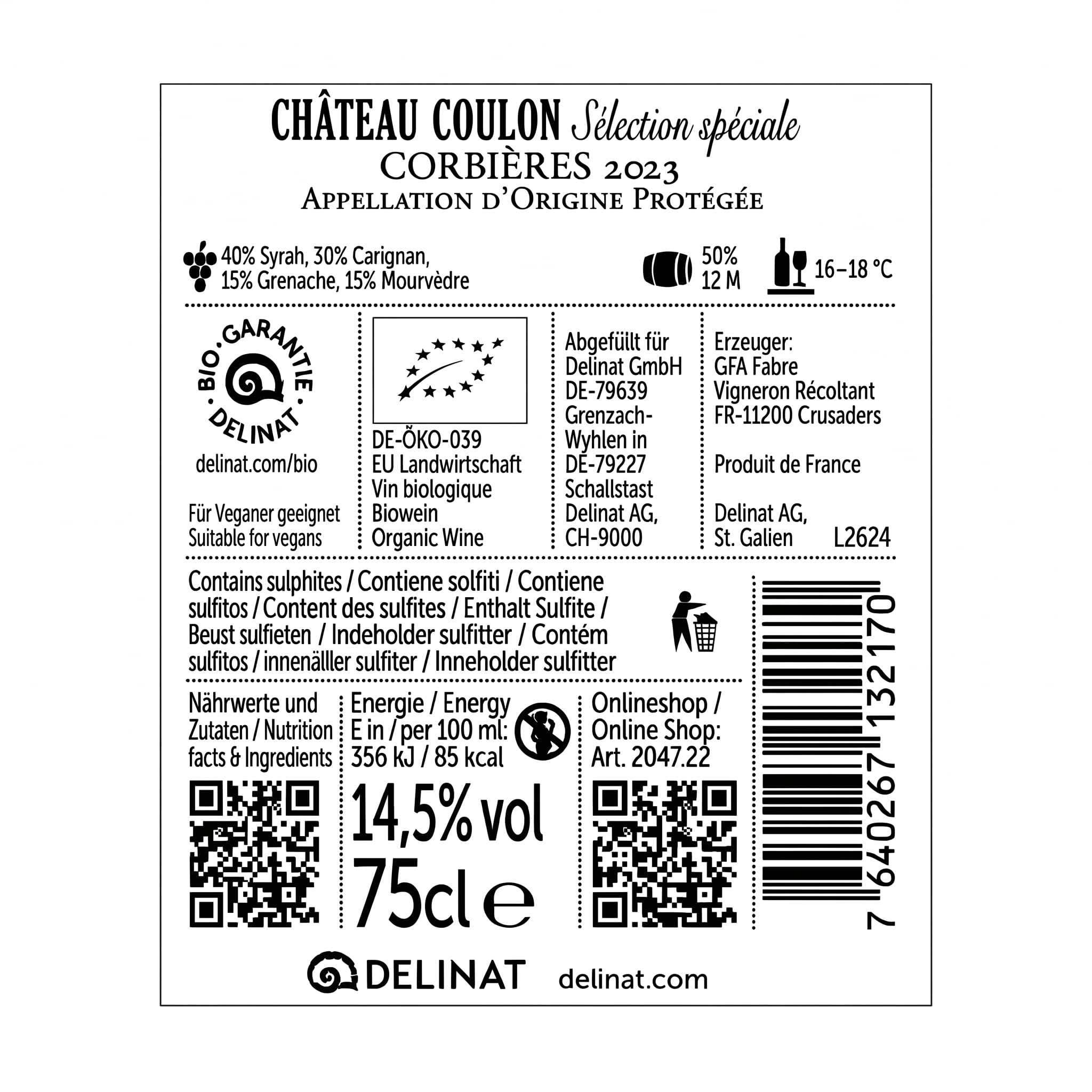 DELINAT Château Coulon spéciale 2023 – Französischer Bio-Rotwein trocken | Cuvée aus Carignan, Syrah, Grenache, Mourvèdre - Aus dem Languedoc – Charaktervoll & kräftiger Rotwein – Vegan 6x 0,75l