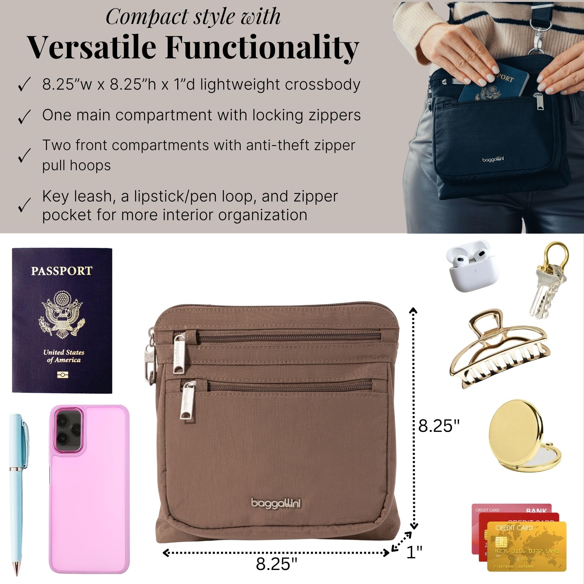 Baggallini Theft Large Crossbody, Securtex-Body Anti-furto, Misura Grande Donna