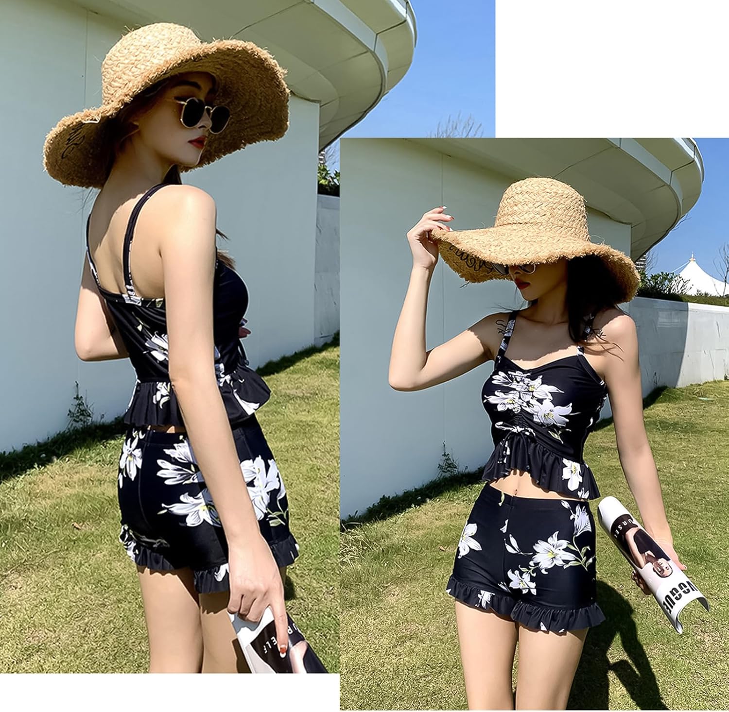 タンキニブラ フロントリボン 花柄シースルートップス