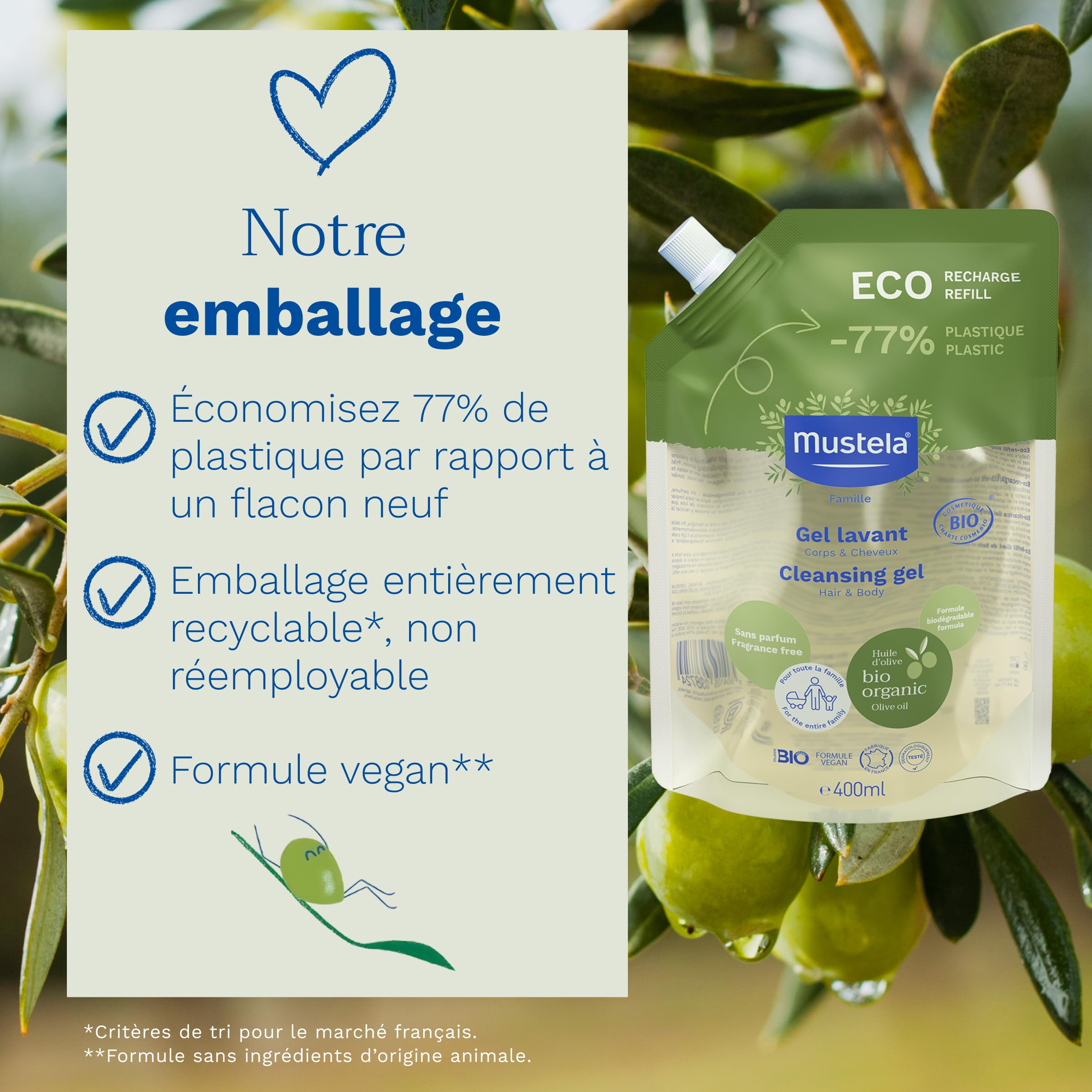 Mustela - Gel Lavant Bébé Eco-Recharge Vegan - Nettoyage Doux pour Toute la Famille - Dès la Naissance - Huile d'Olive Bio, Glycérine, Aloe Vera - Hygiène bébé - 97% d'ingrédients d'origine naturelle