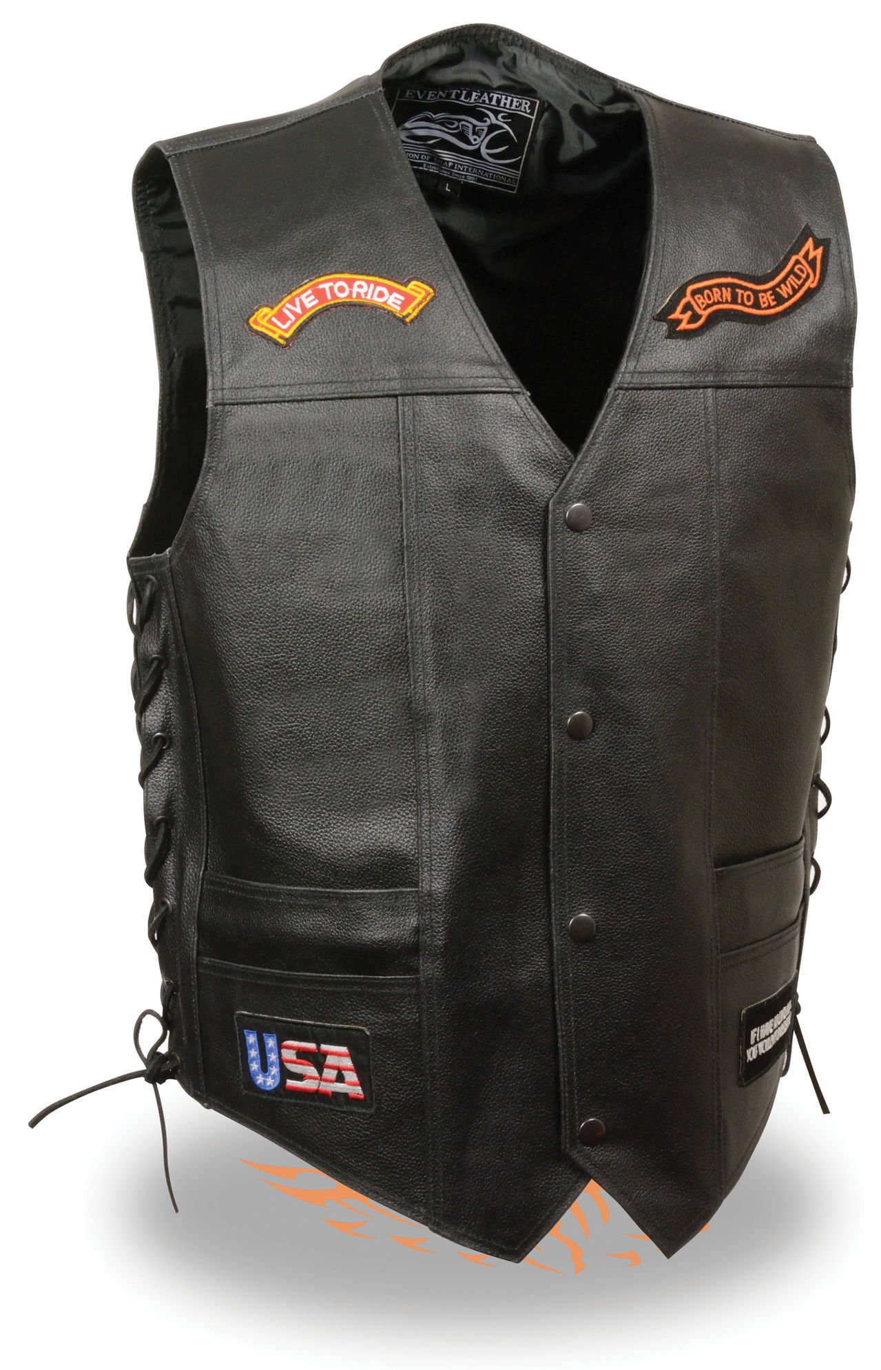 EVENT LEATHER - Mens Pre-Patched Live to Ride (9 total Patches) Side Lace Leather Vest (X-Large)