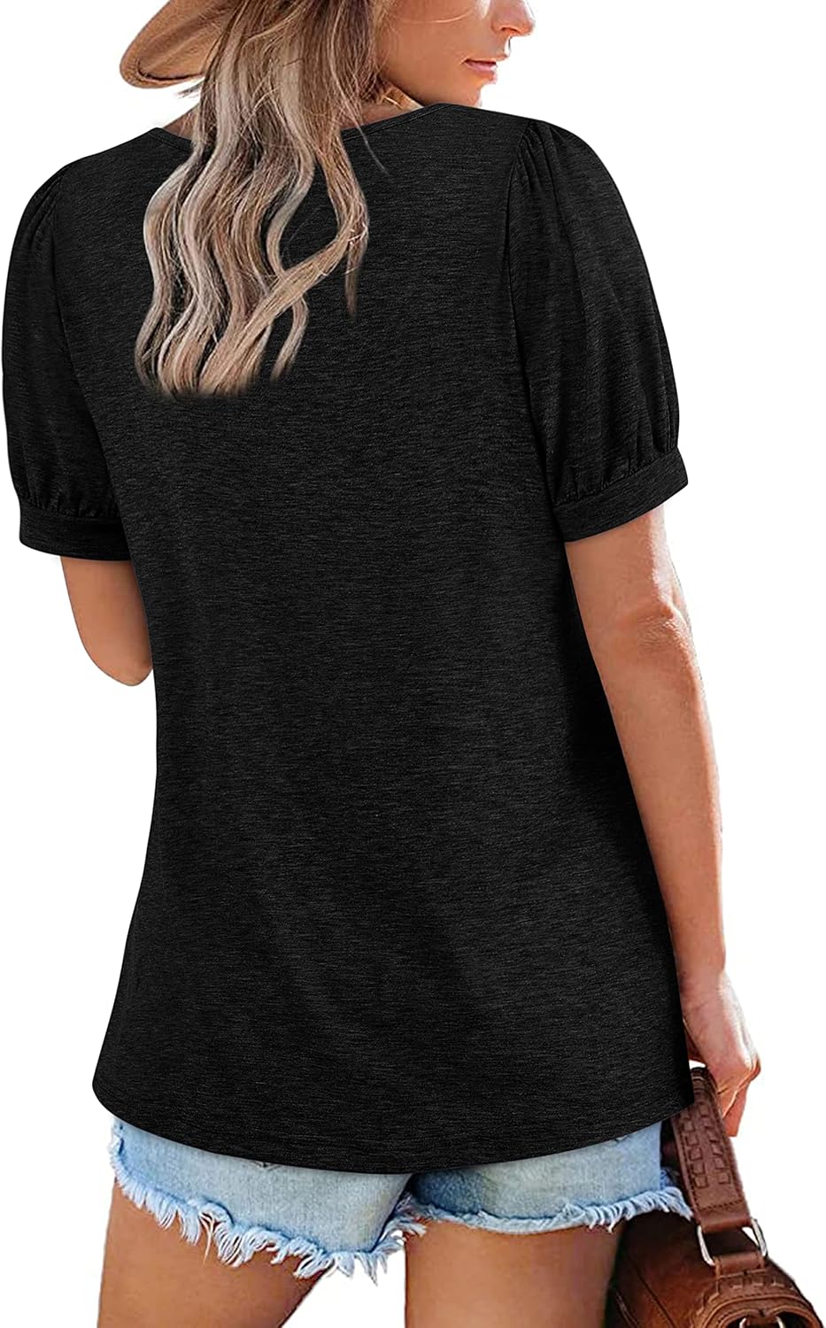 Zwurew Women's Summer Casual Puff Short Sleeve T-Shirts Square Neck Pleated Flowy Trendy Tunic Tops for Leggings S-2XL - Image 3