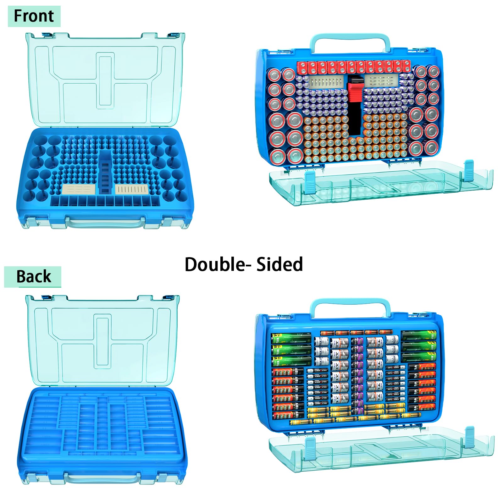 Grande capacità 269 Battery Organizer Case con tester, doppio lato porta batteria contenitore per batterie AA AAA AAAA C D 9V al litio 3V CR123 CR1632 18650 (solo scatola) (blu)
