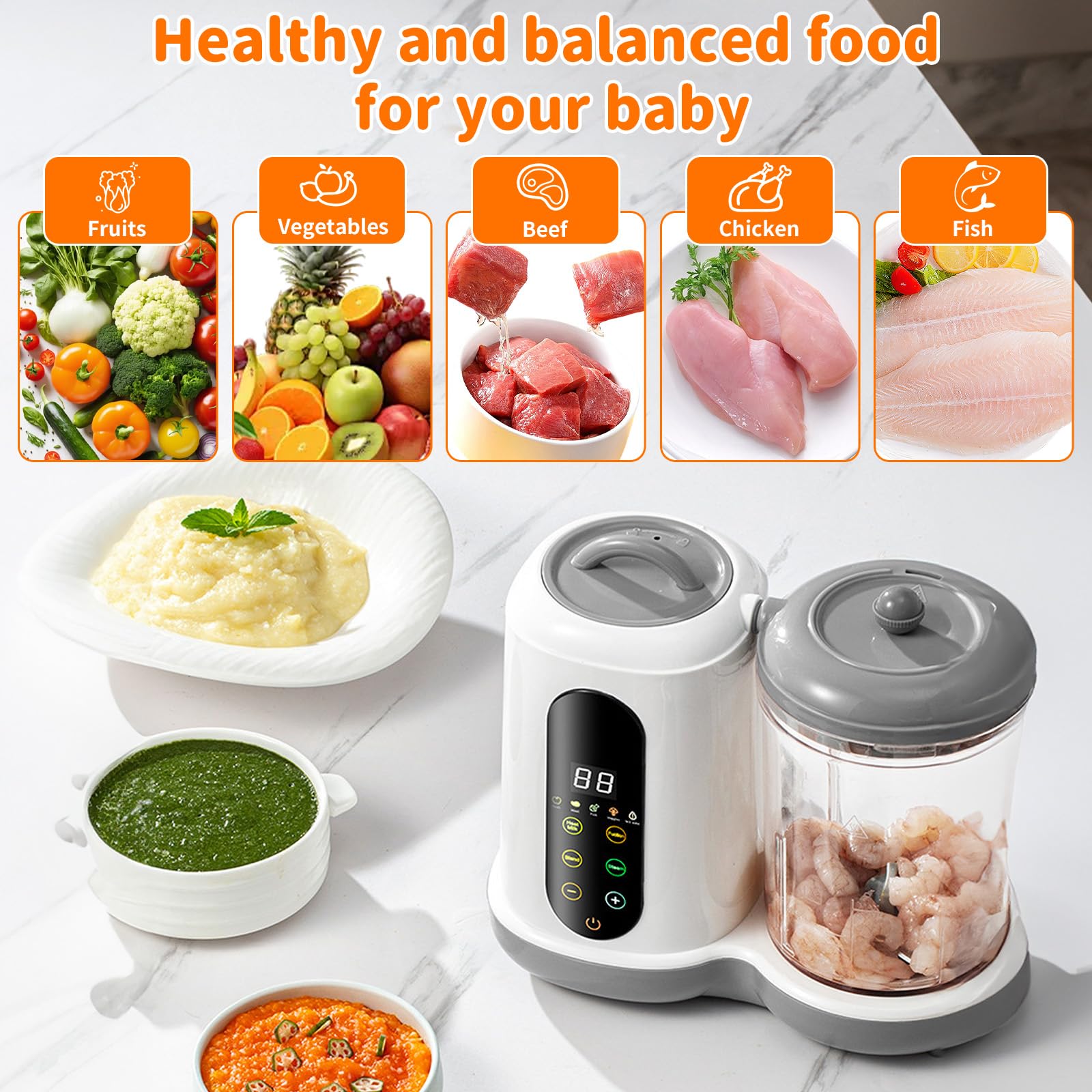 Preparador de alimentos para bebés - Multifuncional papilla para bebés, con vaporizador y batidora, 4 preajustes de cocción, autolimpieza