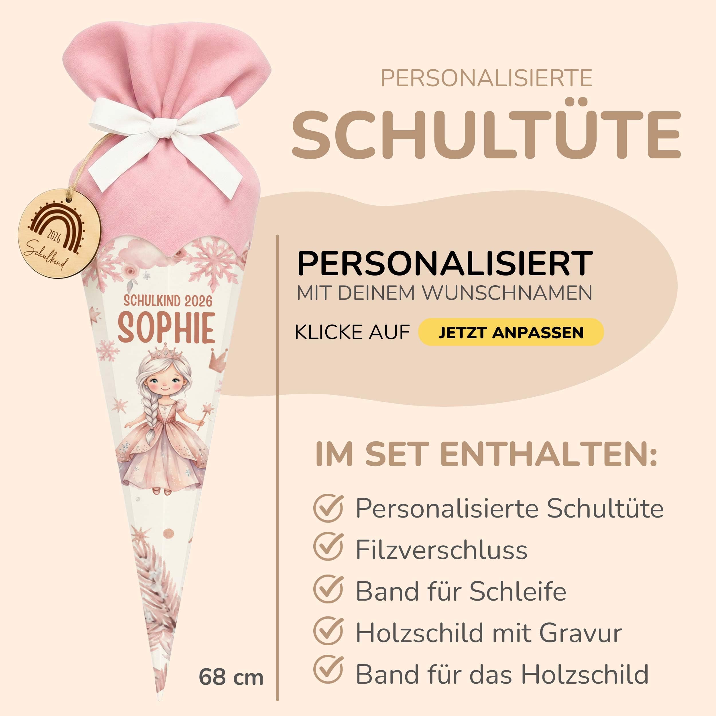 Personalisierte Schultüte mit Rohling, Filz-Stoff & Holzschild, Zuckertüte zur Einschulung Mädchen & Jungen, Einschulungsgeschenk 2026 - Prinzessin (Rosa)