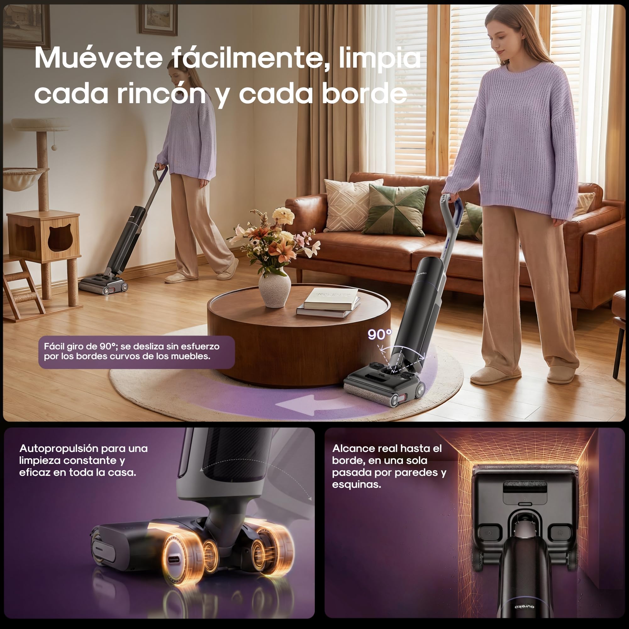 Eureka Aspiradora Fregona Sin Cable FloorShine 830, Aspirador y Fregasuelos en Seco y Húmedo 24kPa, Especial para Mascotas, Limpia Bordes, Antienredo, 60min, 180°, Autolimpieza con Secado 75°C, Negro