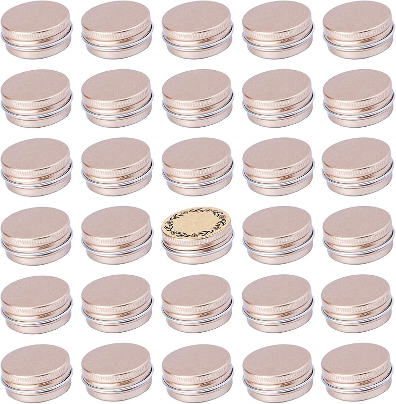 Art Secret Frascos Redondos de Alumínio com Tampa Rosqueável Champange, 15 mL, Pacote com 32 e Etiquetas