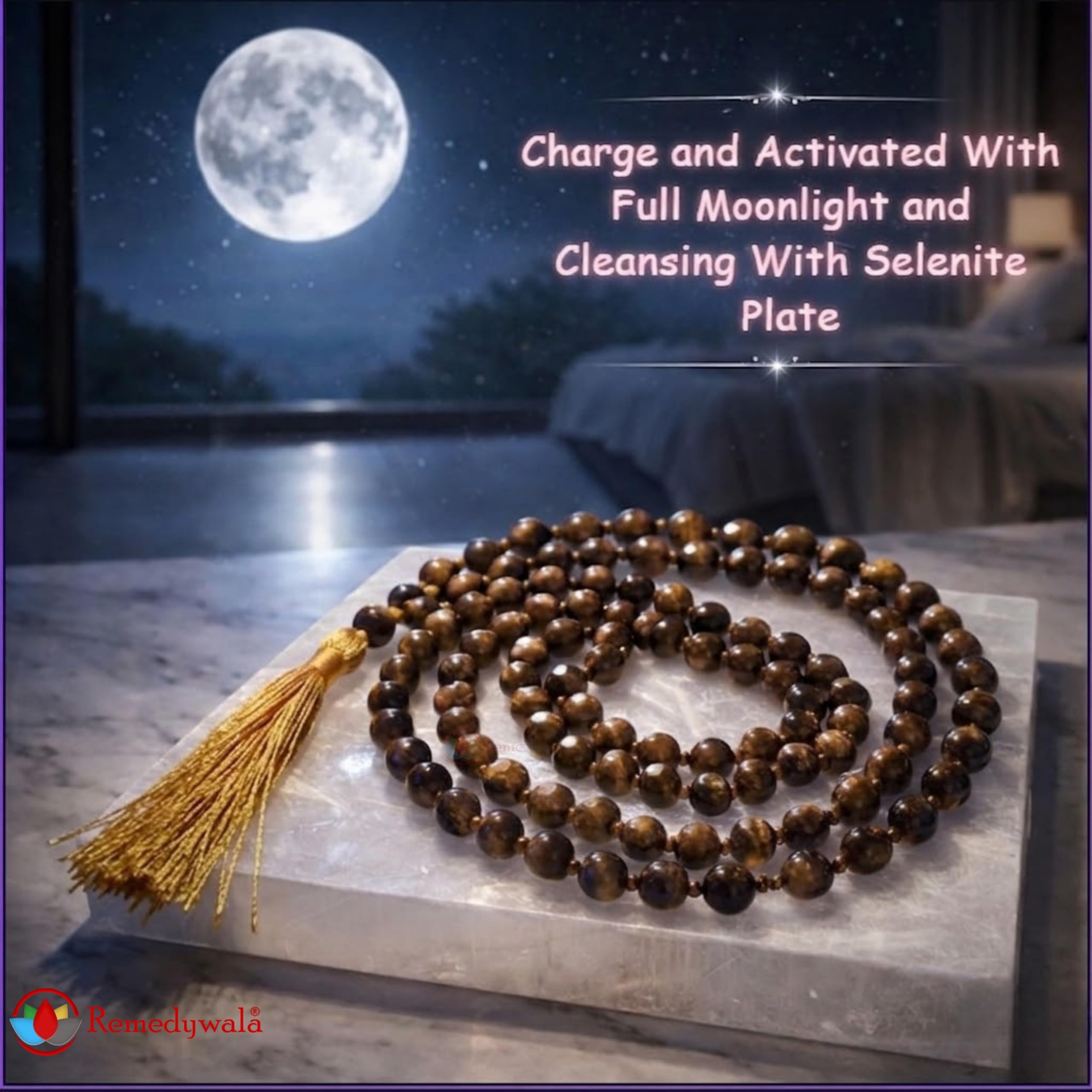 Remedywala Certified Natural Crystal Tiger Eye mala Natural Crystal Stone 6 mm 108 Beads Jap Mala for Meditation, Pooja, Chanting, Wearing/Tiger Eye mala 108 Beads Original 3