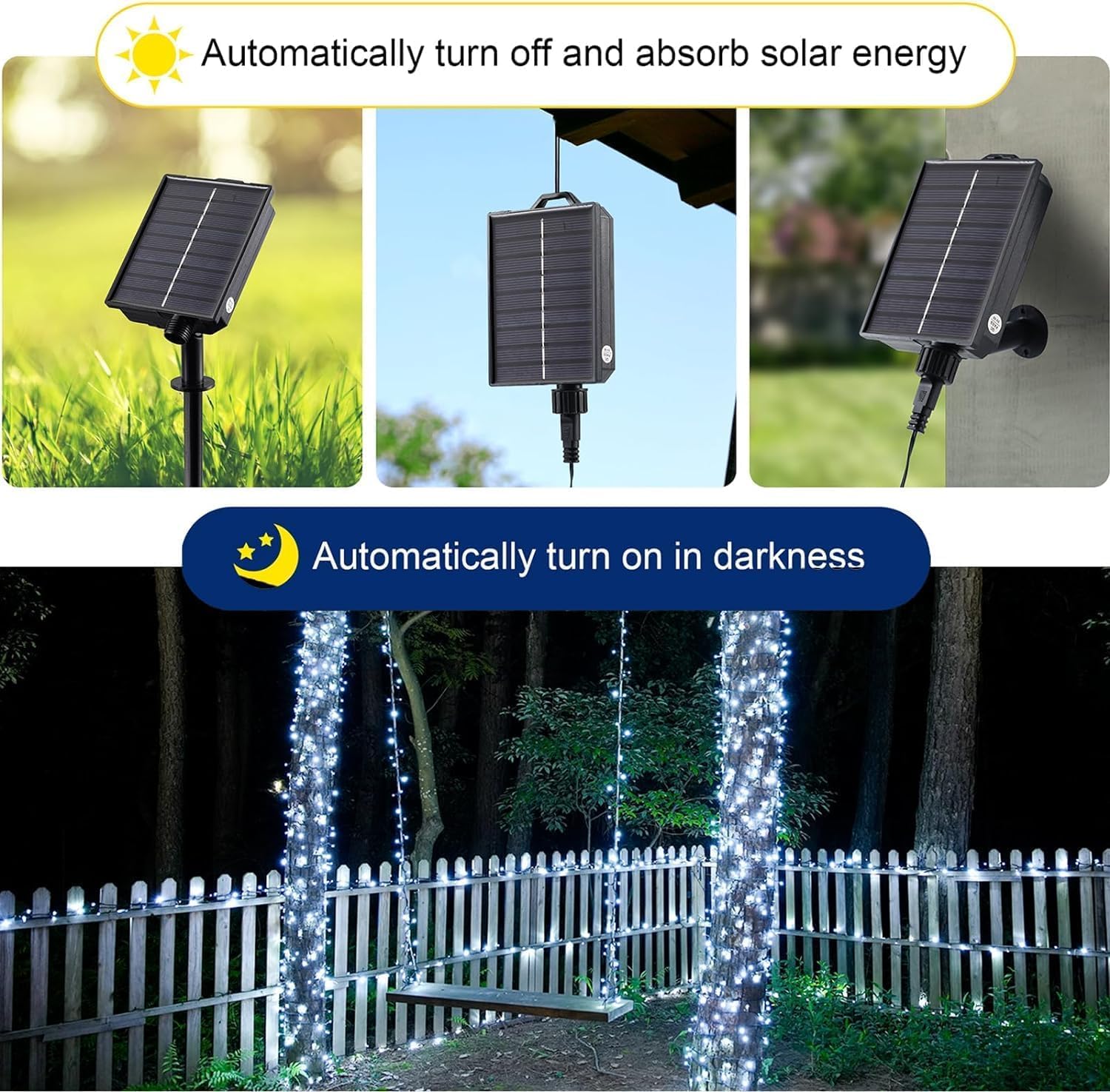 MERRIMAX M Solar-Lichterkette für den Außenbereich, 10 m, 100 LEDs, 8 Modi, wasserdichte Weihnachtslichter für Garten, Terrasse, Zuhause, Party, Hochzeit, Urlaub, Baum, Außendekoration (Weiß, 4 Stück)