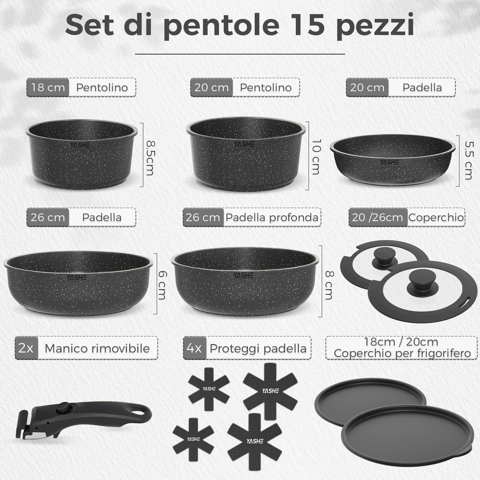 YASHE Set da cucina 15 pezzi, pentole e padelle con rivestimento antiaderente in granito, manici rimovibili, impilabili, facili da pulire, compatibili con induzione, gas e vetroceramica