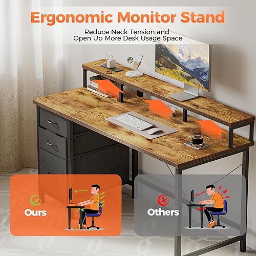 Miniatura 4 de Escritorio de computadora Mericonia de 55 pulgadas con tomas de corriente y luces LED, escritorio para juegos con 3 cajones para oficina en casa,