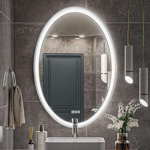 Espejo de baño LED ovalado de 24 x 36 pulgadas, antiniebla, 3 colores regulables, espejo de baño con iluminación inteligente, espejo de baño ovalado