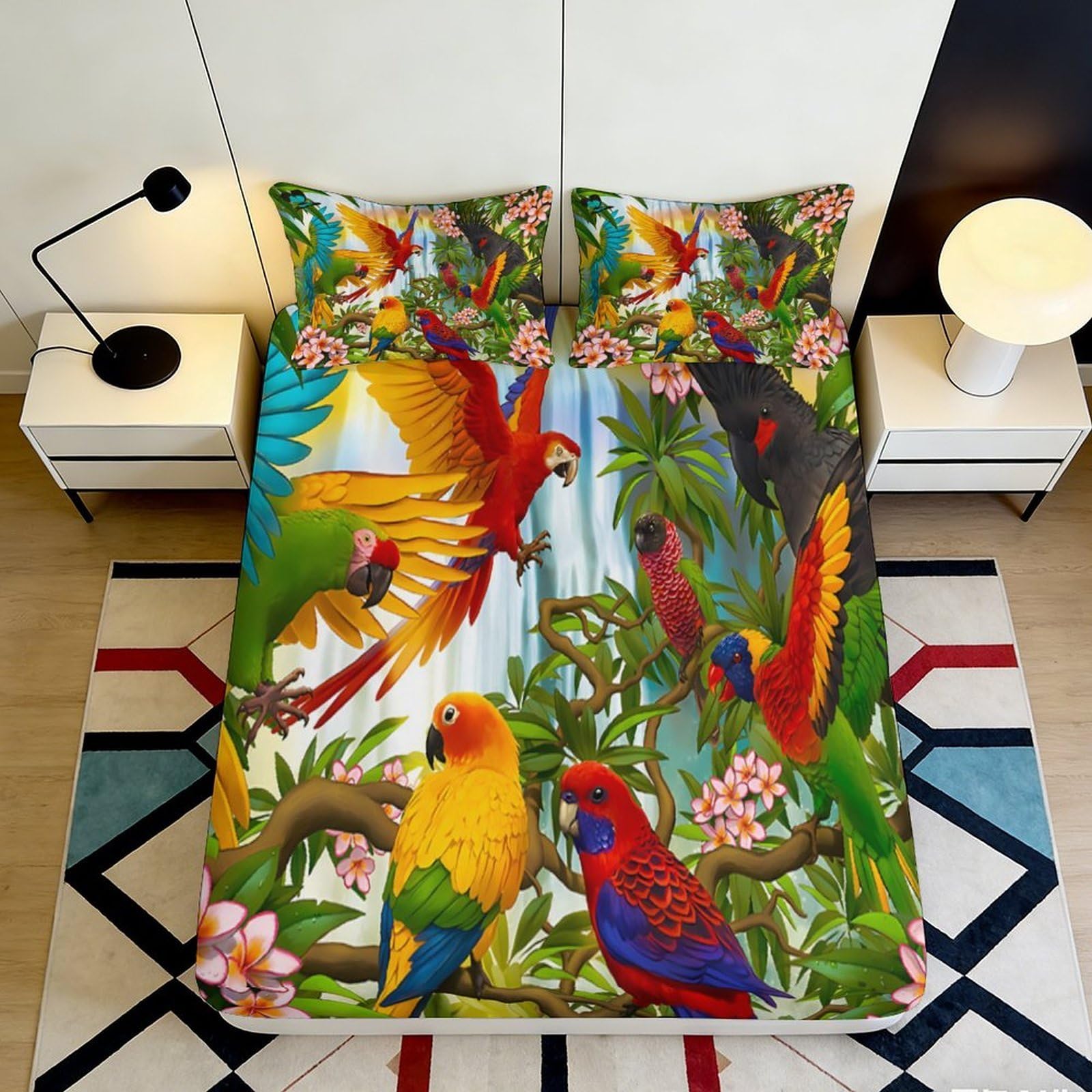 3D Printed Tropical Parrots Fitted Sheet Microfiber Soft Breathable Exotic Birds Mattress Cover for Bedroom Dormitory Guest Room Mattress Protection Decor 200x200x25cm
