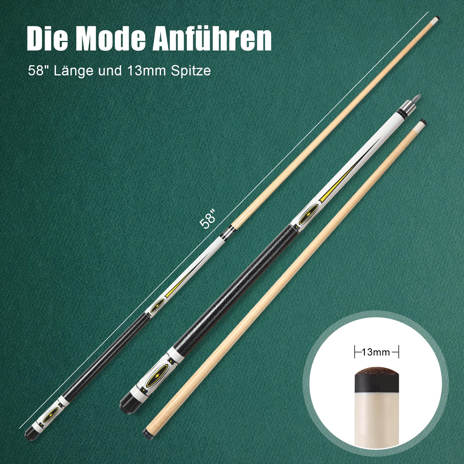 Queue de Billard, 58 Pouces 19 Oz Pool Cue Stick Bâtons de Billard en Bois Dur de Pointes de 13 mm pour Joueur Professionnel de Billard