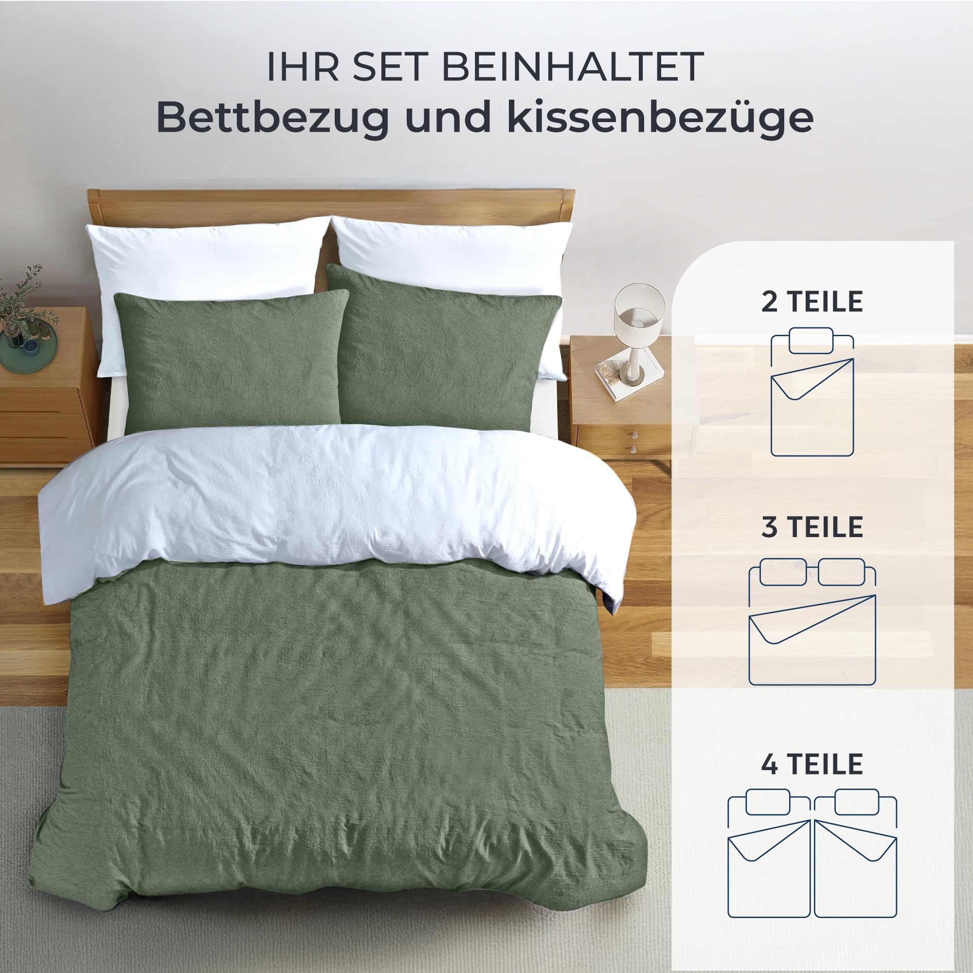 Dreamzie Bettwäsche 135x200 Baumwolle 4Teilig, Bettwäsche-Sets Grün mit Reißverschluss, Ähnliche Textur wie Stone Washed Leinen, Enthält 2 Bettbezug 135x200 und 2 Kissenbezug 80x80, Oeko TEX