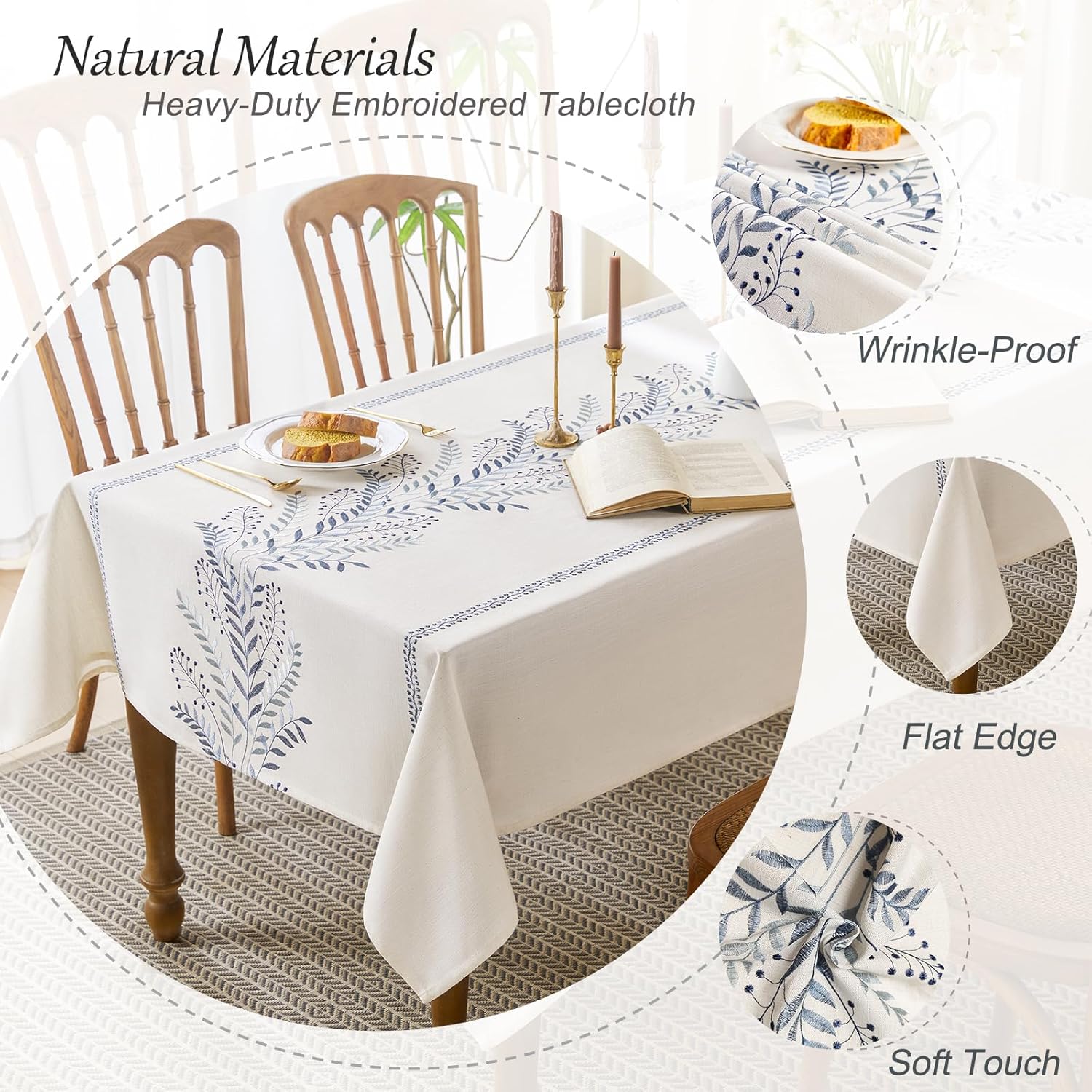 Linen Style Embroidered Tablecloth, Waterproof and Wrinkle-Resistant Table Cloth Rectangle Tables, Farmhouse Floral Rectangle Table Cover for Dining Room and Outdoor Parties(Blue, 55"x120") - Image 5