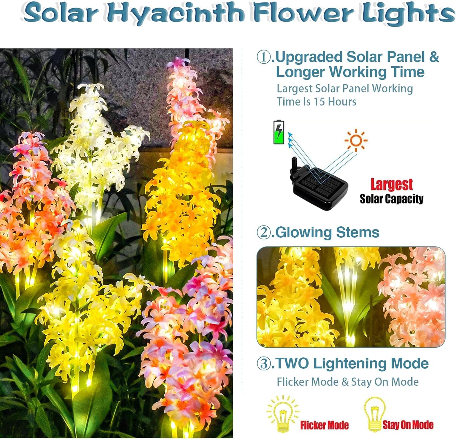 DooYard Solar Lights Outdoor, Solar Hyacinth Flower Lights With Glowing Stems - Image 2
