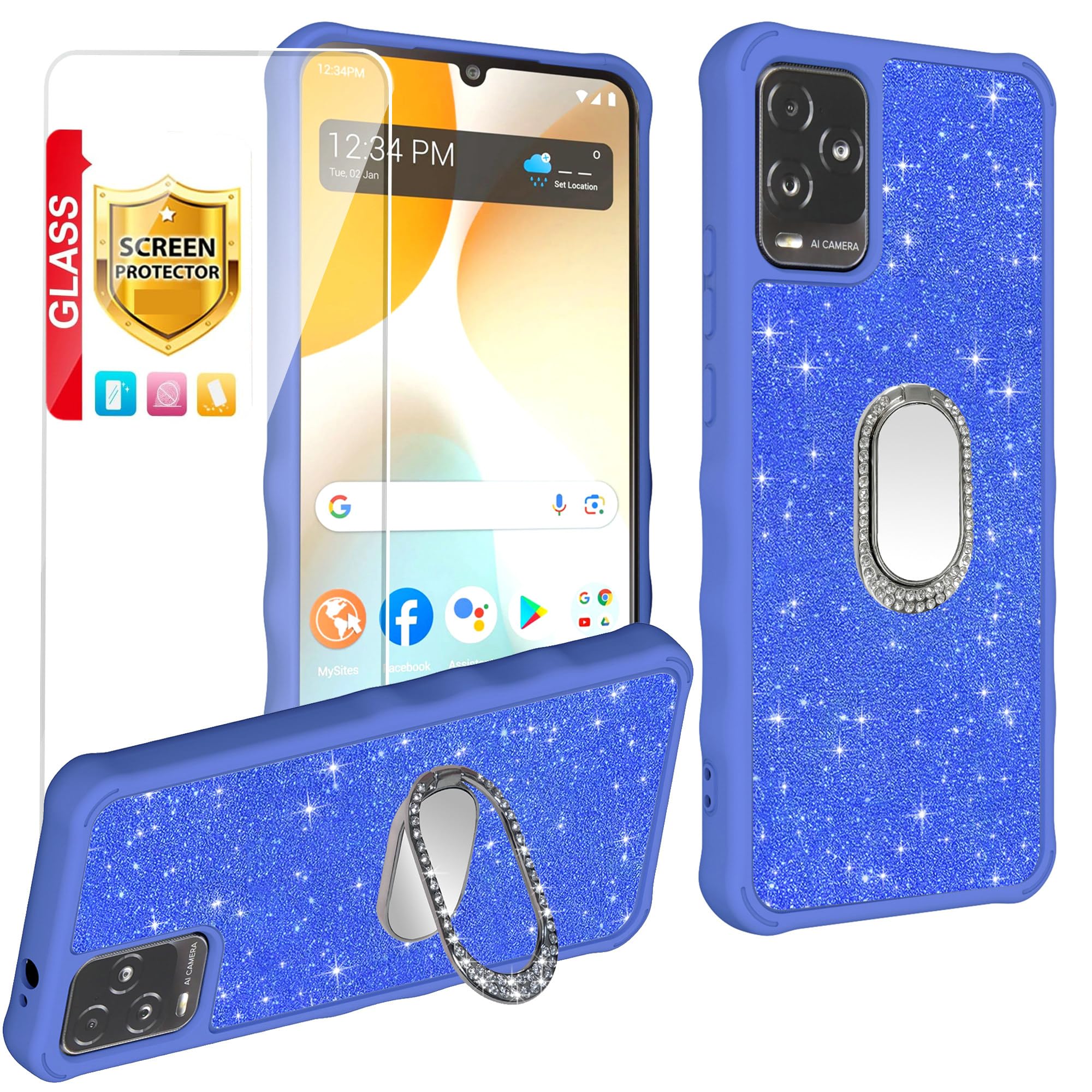 for BLU View 5 Pro Case [with Tempered Glass Screen Protector][Mirror Ring][Glitter Powder] Compatible with BLU View 5 Pro Leather Phone Case Cover