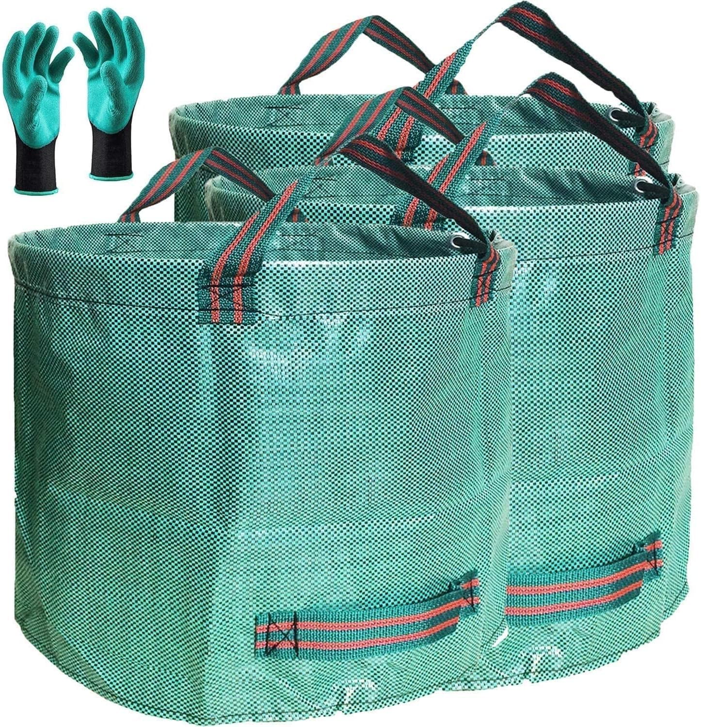 Professional 3-Pack 80 Gallon Lawn Garden Bags (D26, H33 inch) Reusable Yard Waste Bags with Gardening Gloves for Leaf Bag,Garden Pruning,Yard Debris Container,Lawn Weeds,Grass Clippings Bag 4 Handles