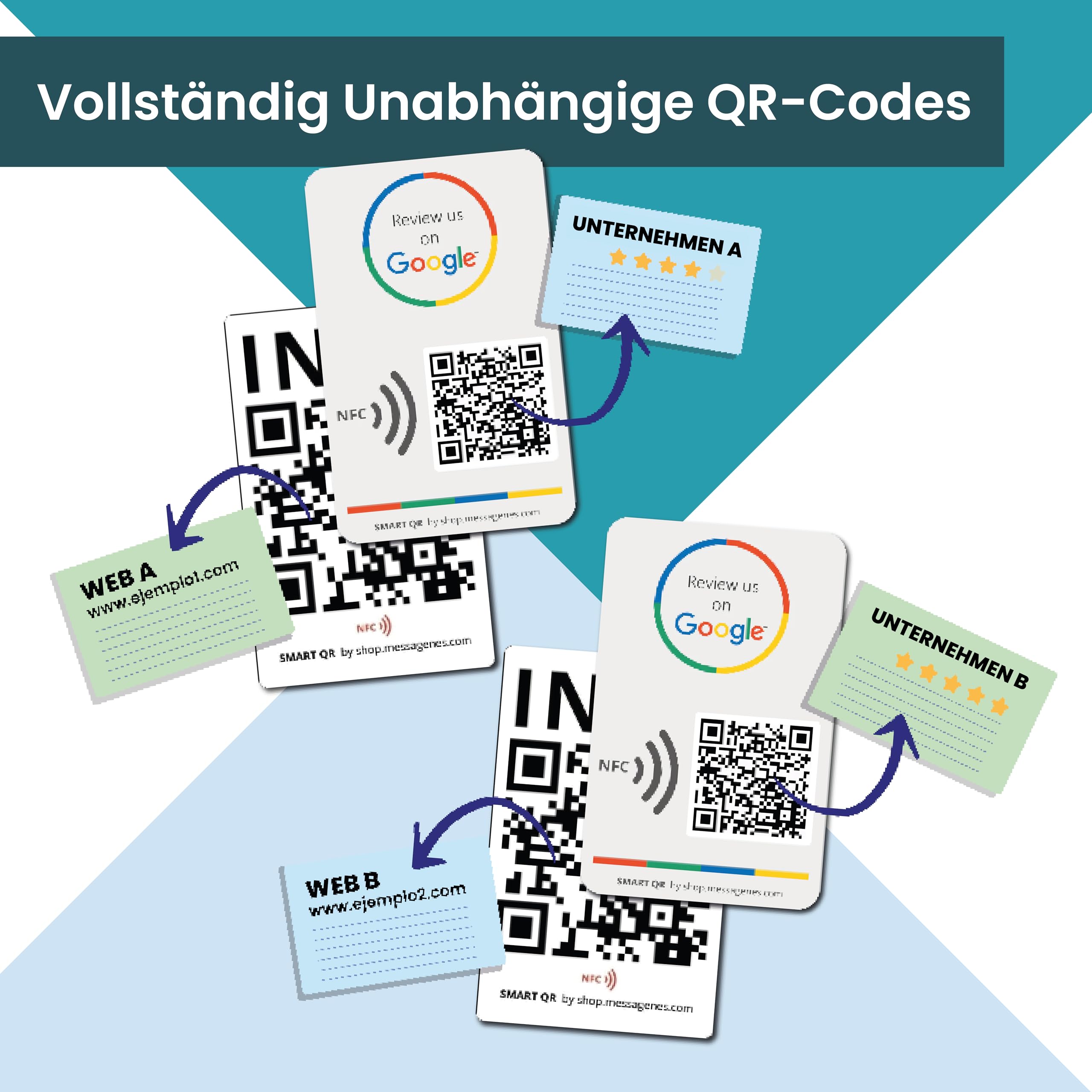 MESSAGENES | PVC-Karte Bewertung auf Google QR Code und NFC + INFO QR | Google Bewertung Aufsteller | PACK 2 Einheiten 12 x 8 cm | Schilder Bewertung NFC und QR Code | INFO + Google Review Card NFC