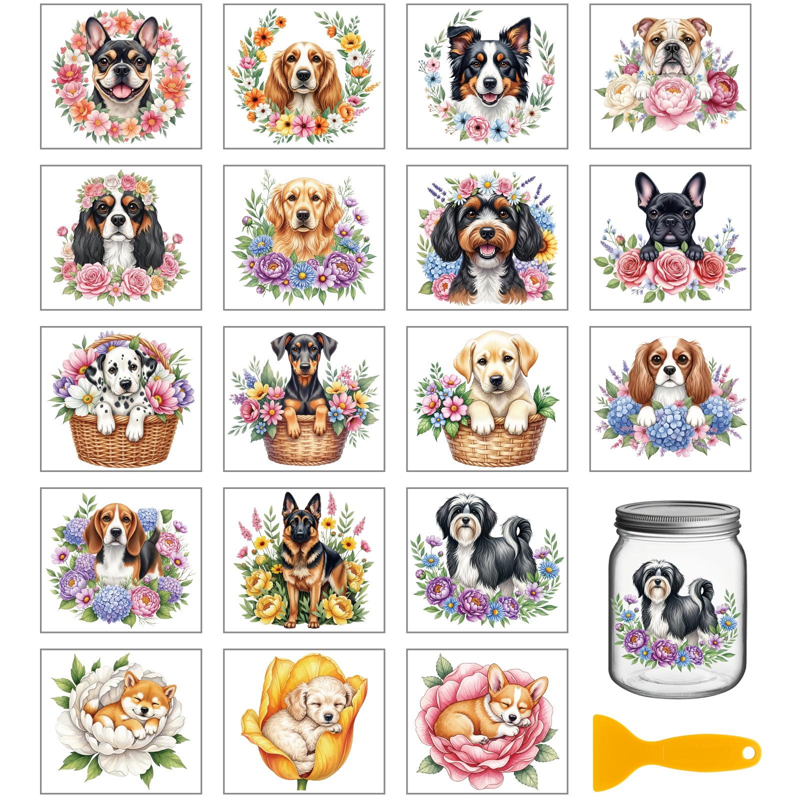 GLOBLELAND 18 Sheets Dog Flowers Transfer Stickers 3.9x3.6inch Colorful Animals Transfer Decal Rub on Transfer for Cup Decal Vase Glass Art Crafts Decorations
