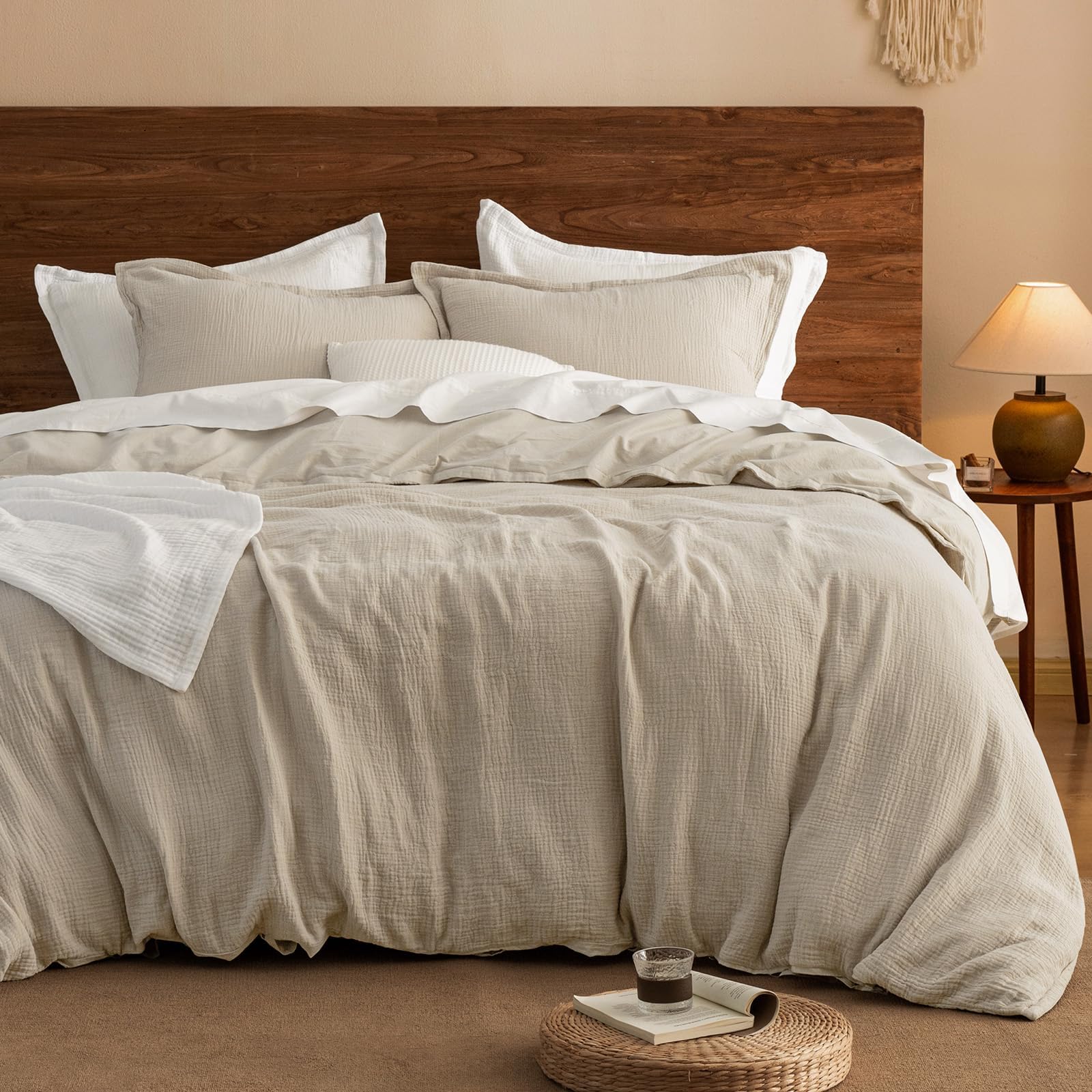 100% Cotton Muslin Duvet Cover Double Size, 3-Layer Guaze Ultra Soft & Breathable, 3pcs Bedding Comforter Cover Set for All Season, Duvet Set with 2 Pillow Shams, 200x200cm+50x75cm(2), Natural