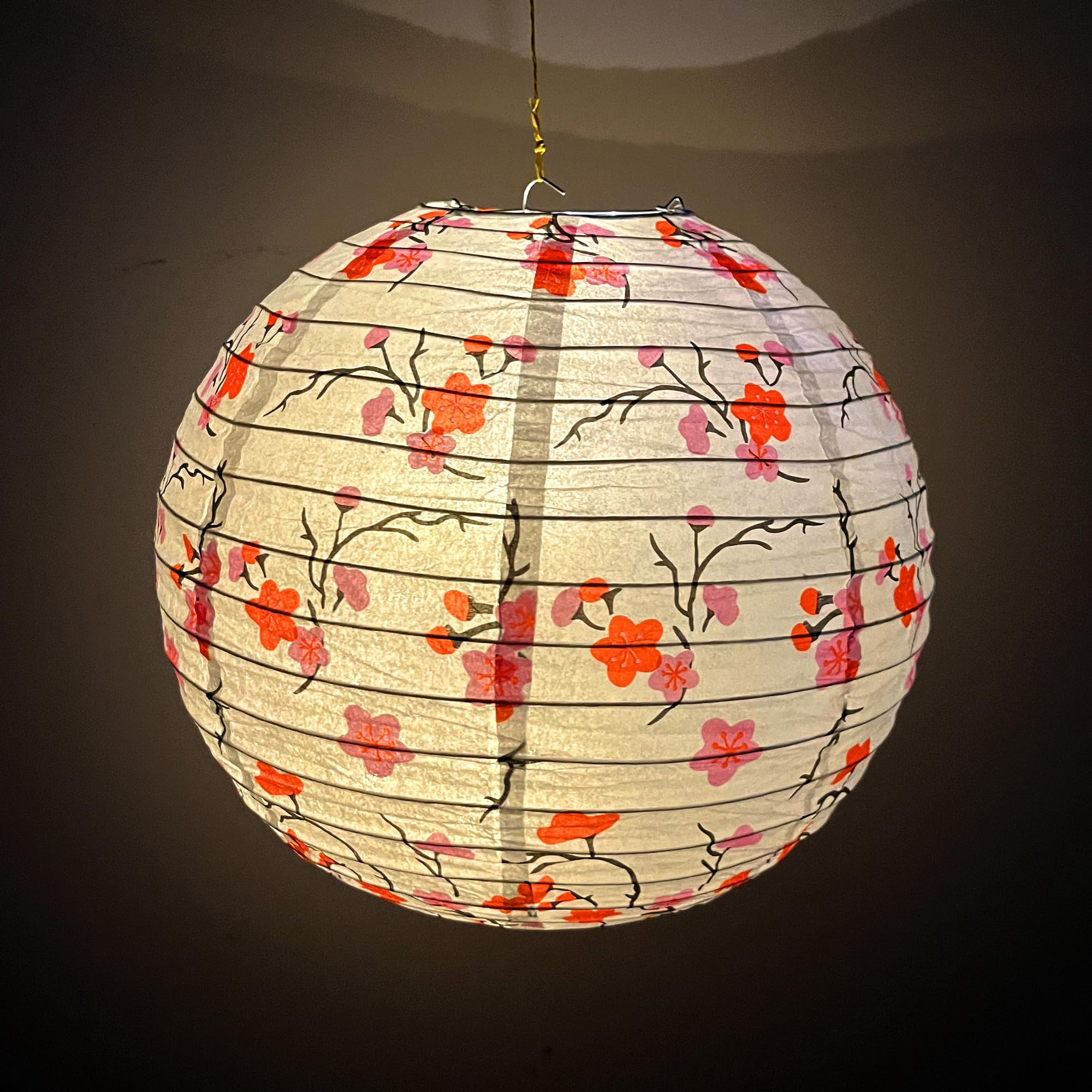 Paper Lampshade Hanging Light Shade 30cm, Oriental Ribbed Japanese Ceiling Fixture with Cherry Blossom & Floral Patterns - Image 3