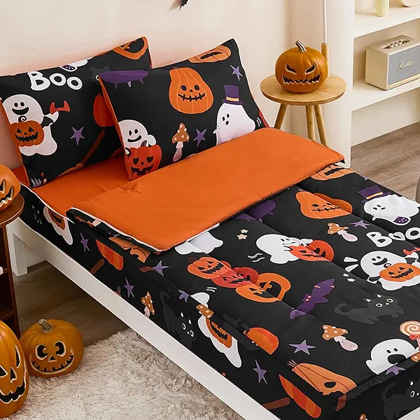 Anibedding 3Pcs Halloween Styles Zip Up Bedding Comforter Set, Black All in One Zipper Twin Bedding Set with Pillowcase for Kids (Cartoon Pumpkin and Ghost Pattern)