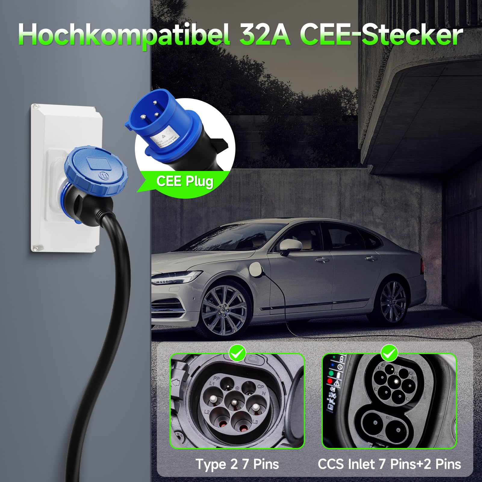 6M Cargador Coche Electrico 7.2kW, Cargador de Coche Electrico con Corriente Regulable 6/8/10/13/16/20/24/32A, Negro (IEC 62196-2)