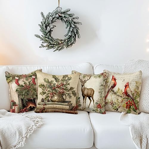Fundas de almohada decorativas navideñas, fundas de almohada navideñas de estilo retro de 18 x 18 pulgadas, juego de 4 piezas, adecuadas para