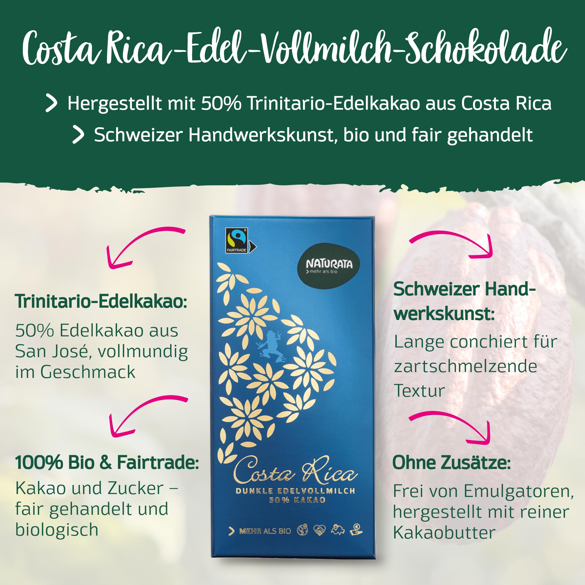 Naturata Costa Rica Dunkle Edelvollmilch Schokolade 50% | Schweizer Schokolade mit Edelkakao aus Costa Rica | Fairtrade & Bio | Traditionelle Herstellung |10 x 100g