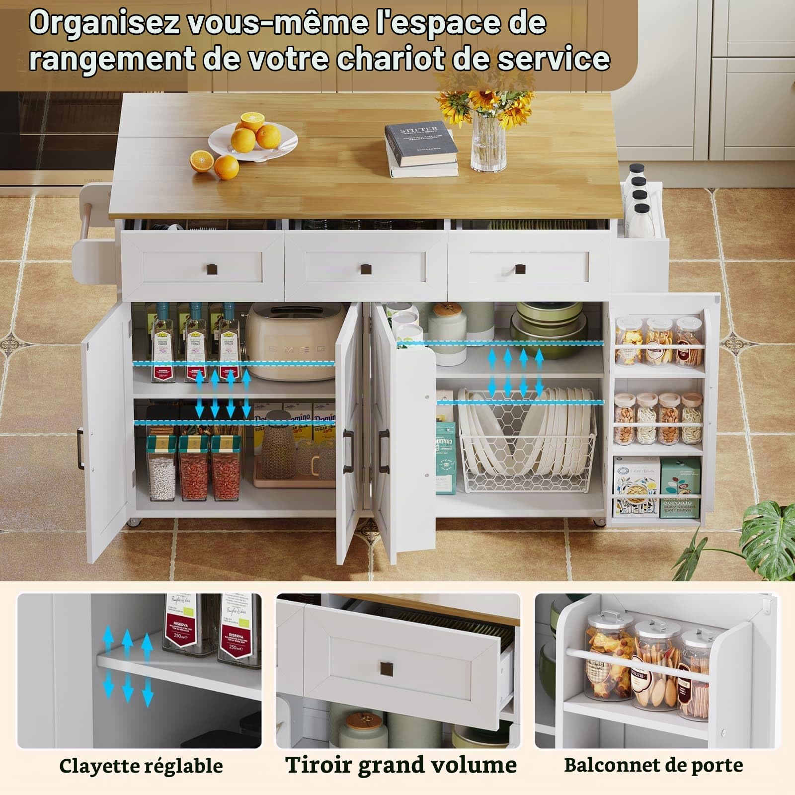 Sweiko Îlot de Cuisine 140x70x90.5cm avec Plan de Travail Rabattable,Comprend 5 roulettes Réglables,4 Portes,3 Tiroirs et Un Porte-Serviettes Double Face (White 2)